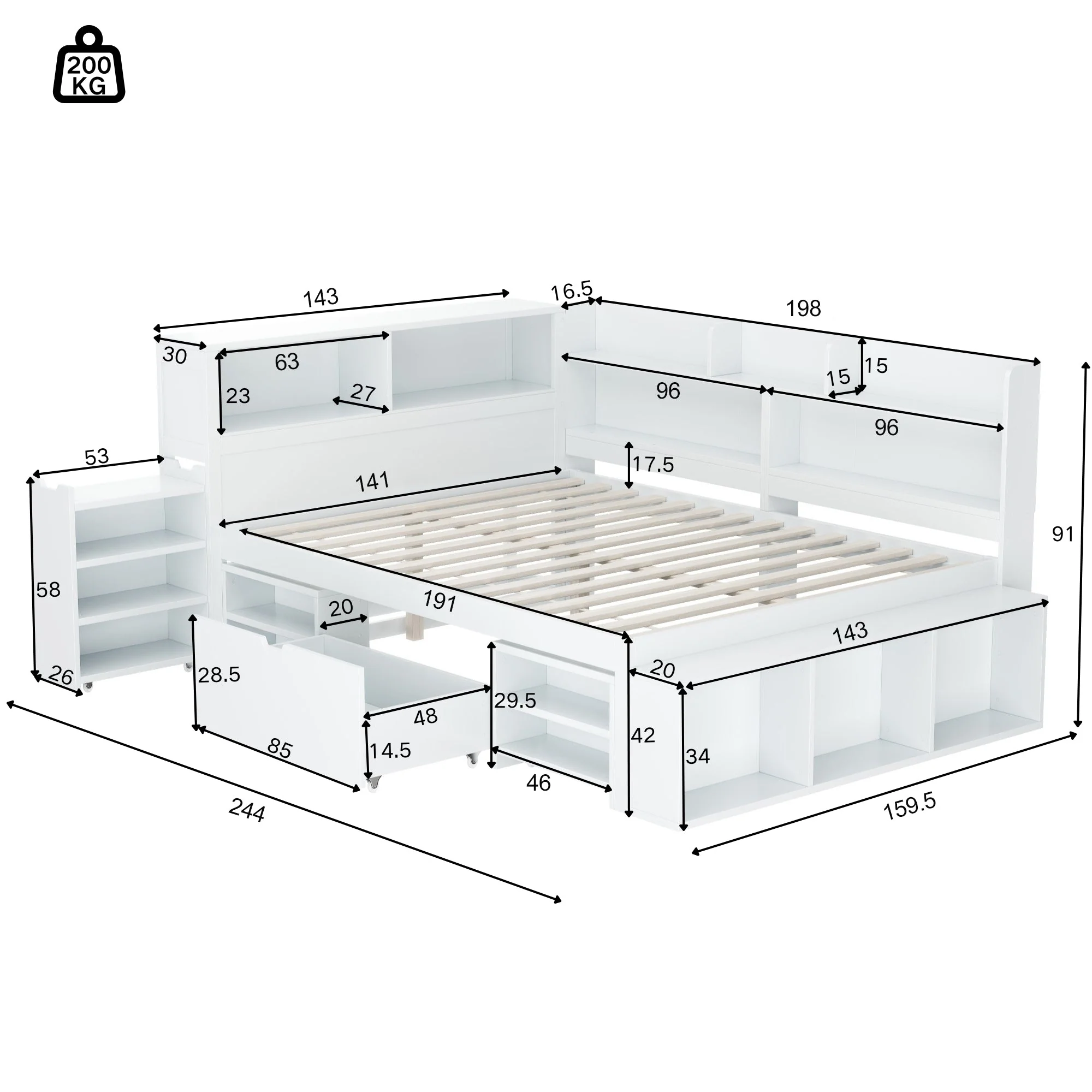 Children's Bed 140x190cm Multifunctional Storage Drawers Shelves - White - Image 5