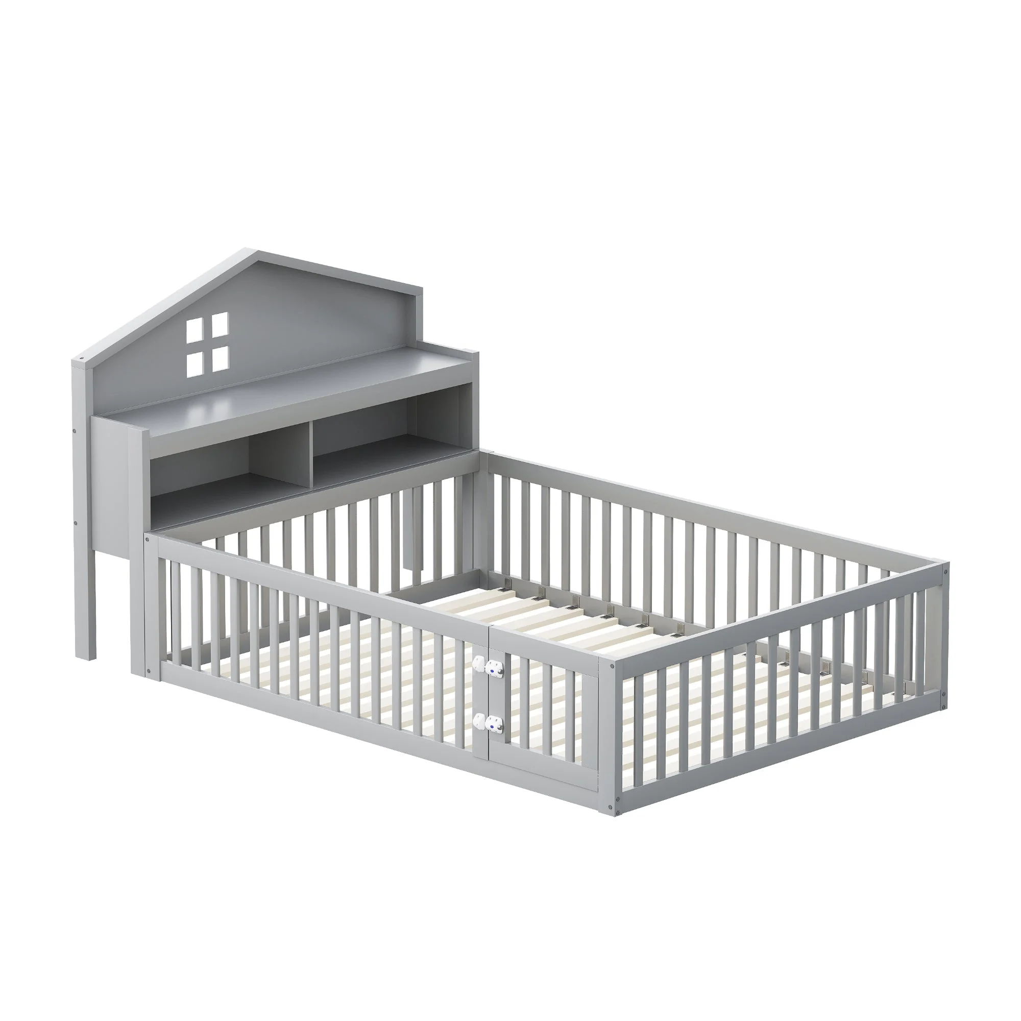 Children's Bed 140x200, House Frame with Shelves, Safety Gate & Slatted Frame, Grey Solid Wood - Image 10