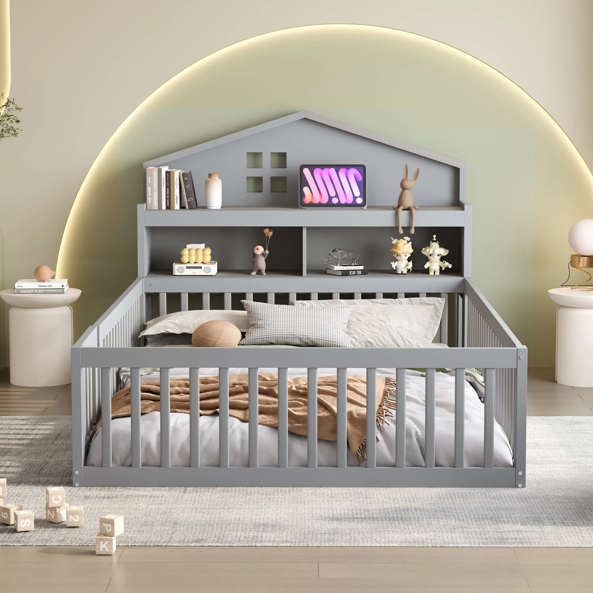Children's Bed 140x200, House Frame with Shelves, Safety Gate & Slatted Frame, Grey Solid Wood - Image 2