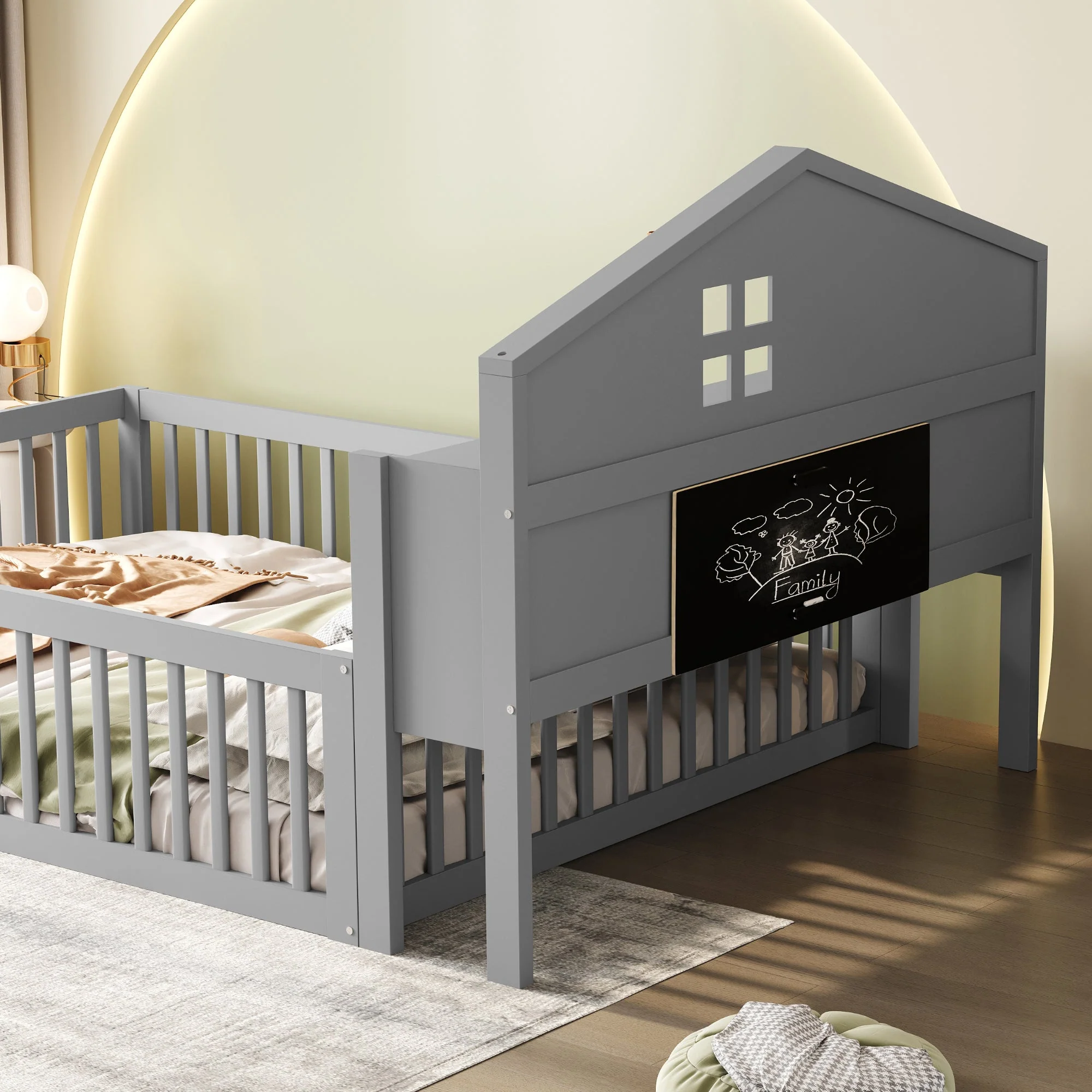 Children's Bed 140x200, House Frame with Shelves, Safety Gate & Slatted Frame, Grey Solid Wood - Image 3