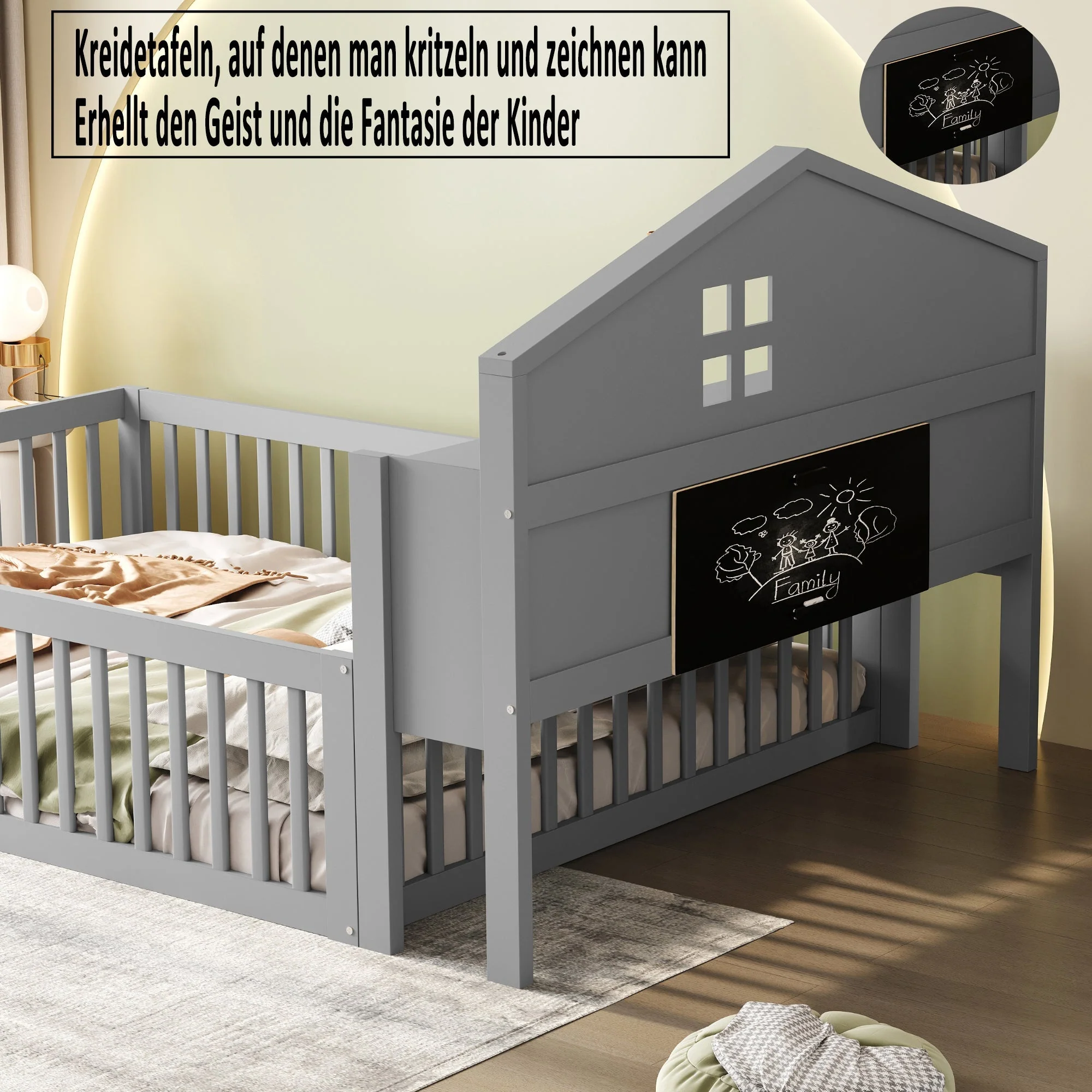 Children's Bed 140x200, House Frame with Shelves, Safety Gate & Slatted Frame, Grey Solid Wood - Image 4