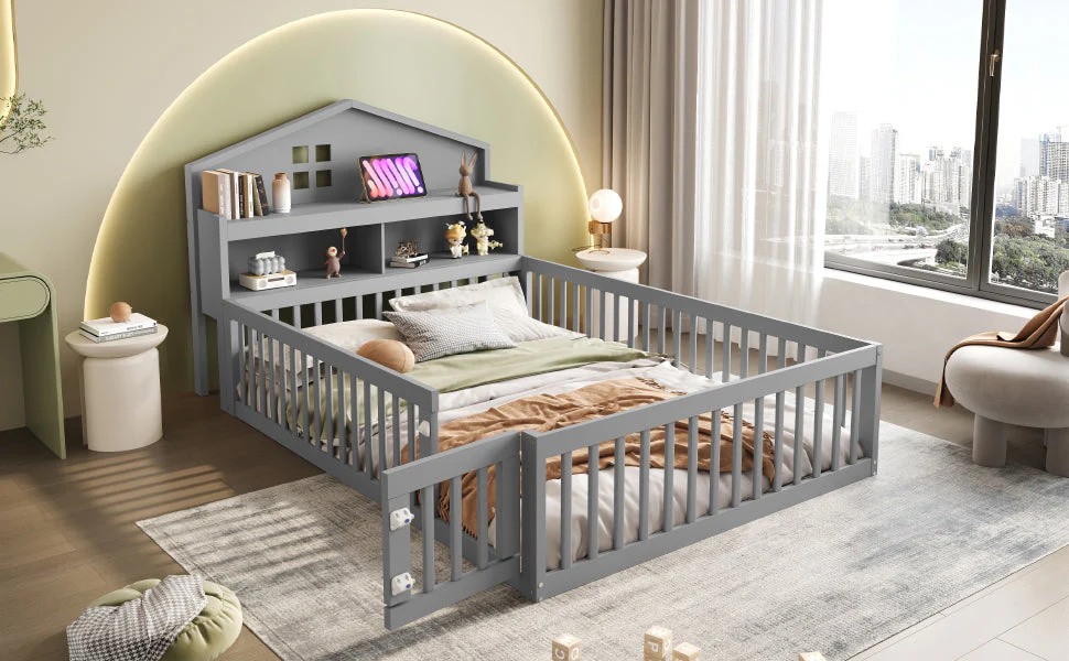 Children's Bed 140x200, House Frame with Shelves, Safety Gate & Slatted Frame, Grey Solid Wood - Image 6
