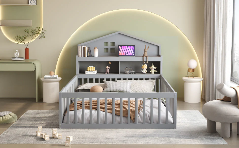 Children's Bed 140x200, House Frame with Shelves, Safety Gate & Slatted Frame, Grey Solid Wood - Image 7