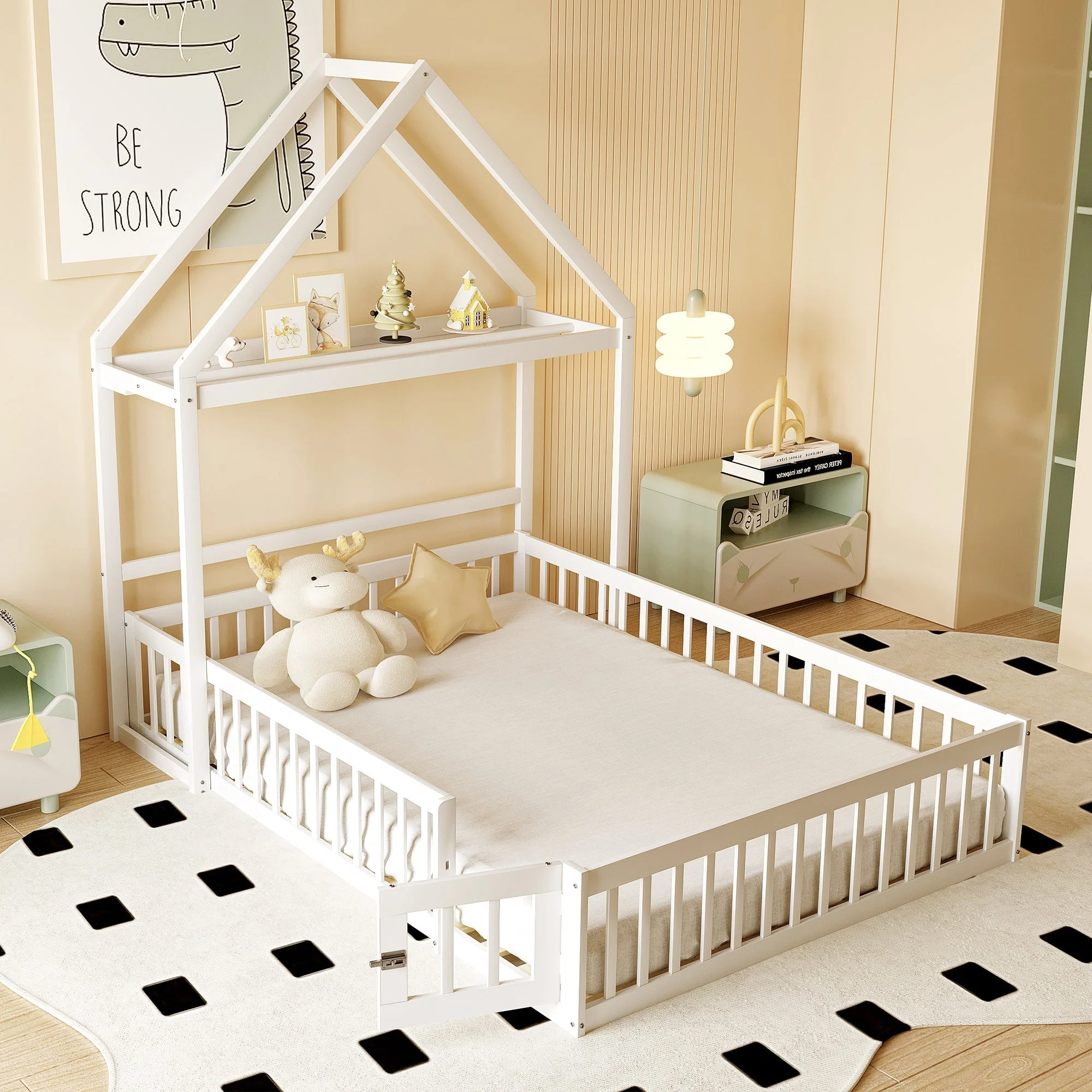 Children's Bed 140x200, Solid Wood Frame with Storage & Safety Gate, White