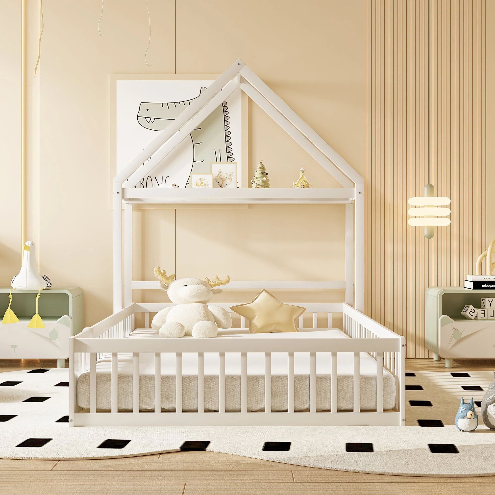 Children's Bed 140x200, Solid Wood Frame with Storage & Safety Gate, White - Image 4