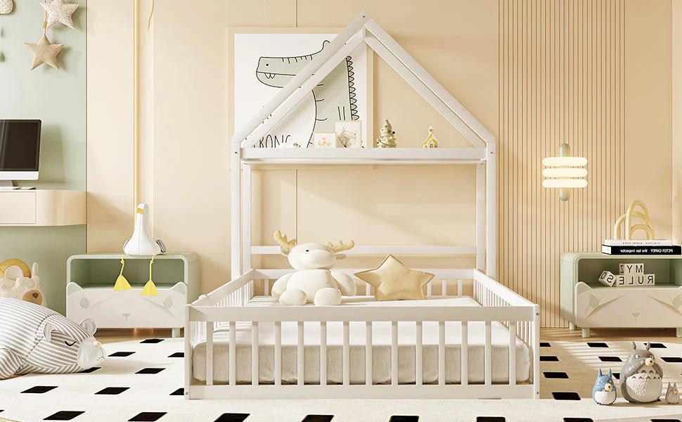Children's Bed 140x200, Solid Wood Frame with Storage & Safety Gate, White - Image 7