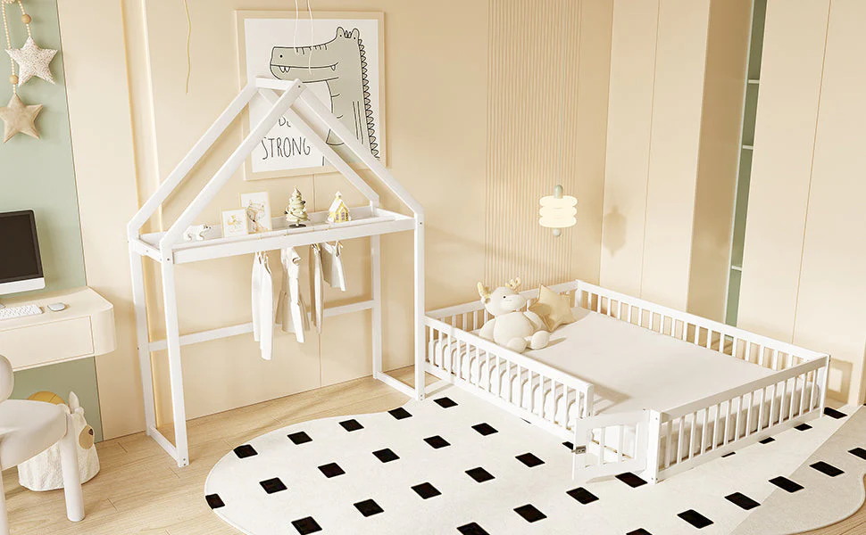 Children's Bed 140x200, Solid Wood Frame with Storage & Safety Gate, White - Image 9