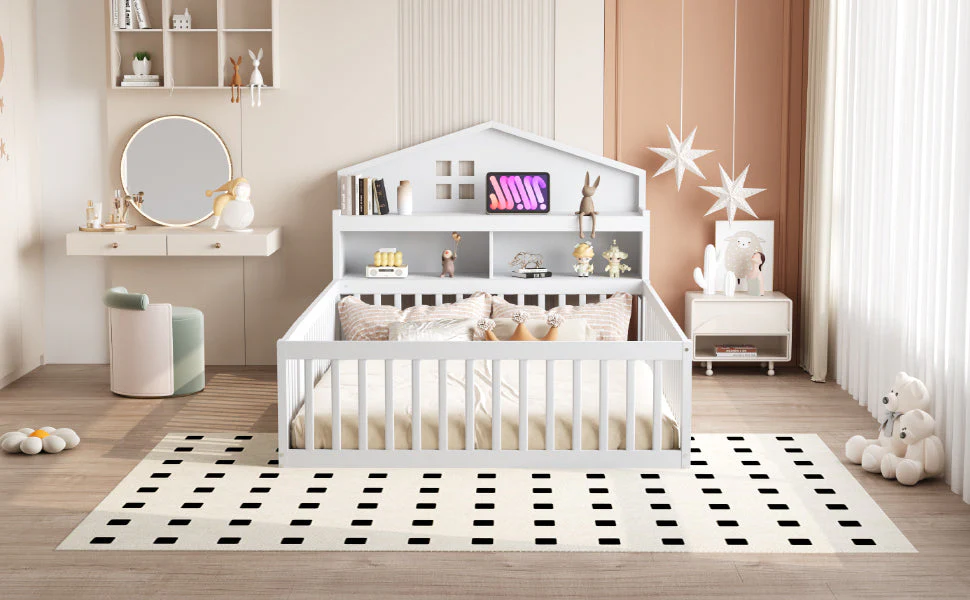 Children's Bed 140x200, Solid Wood House Frame with Shelves & Storage, White - Image 7