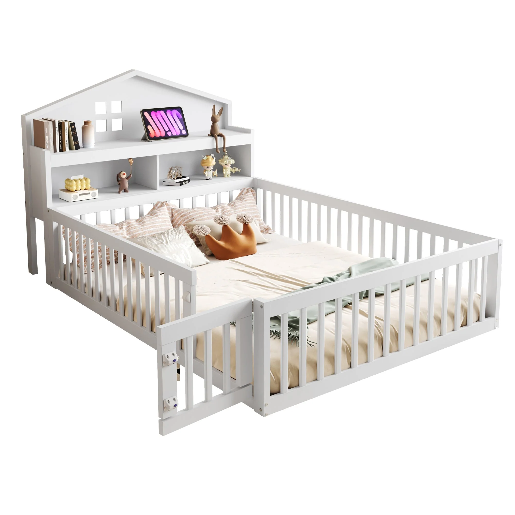 Children's Bed 140x200, Solid Wood House Frame with Shelves & Storage, White - Image 8