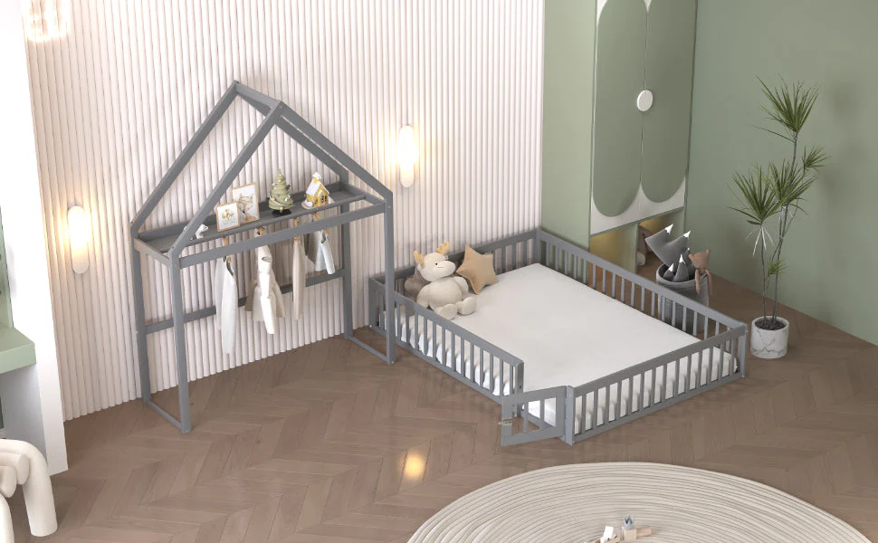 Children's Bed, 140x200 Solid Wood with Storage, Full Safety Gate & Slatted Frame, Grey - Image 7