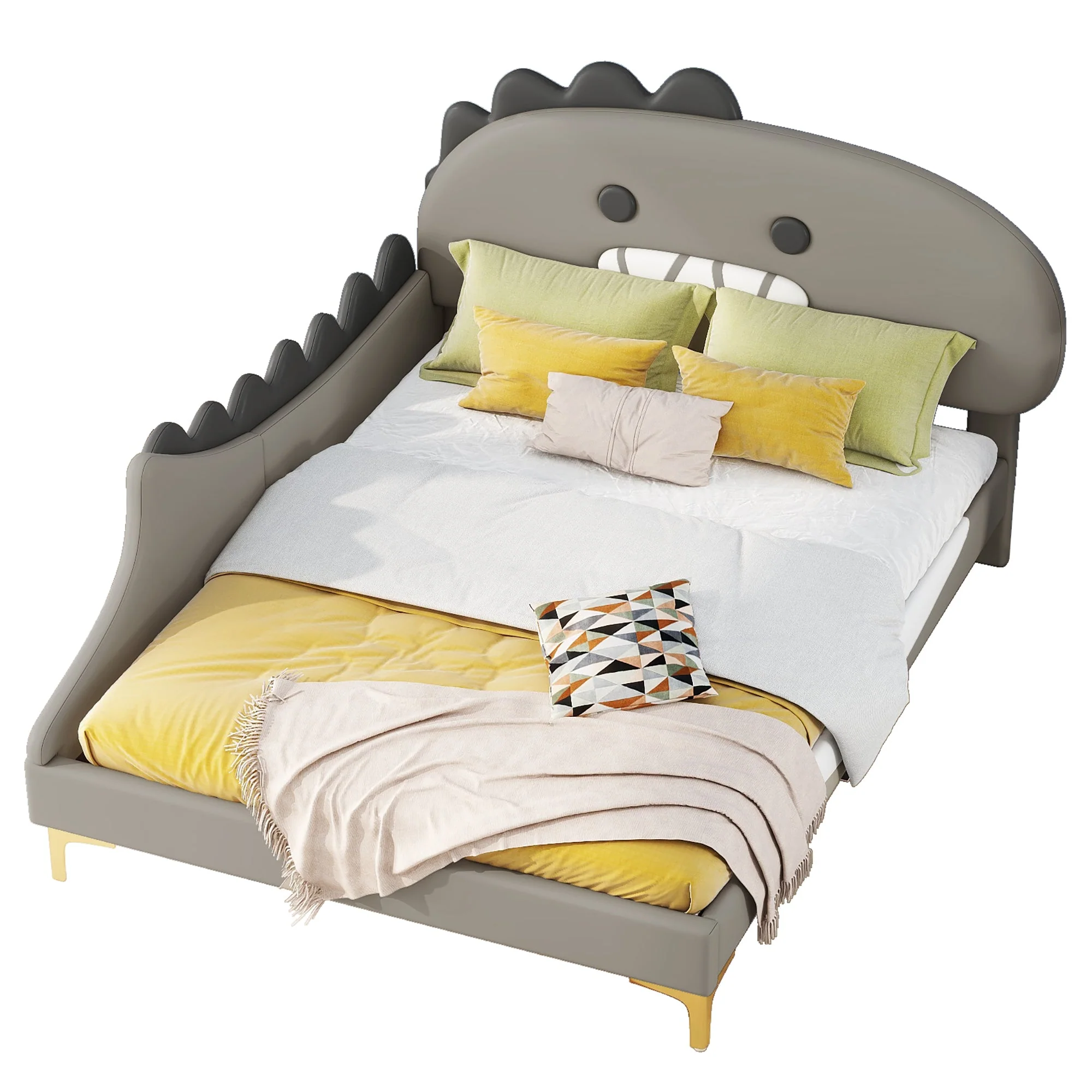 Children's Bed, 140x200cm Flat Bed Cartoon Dinosaur Shape, Grey PU Material - Image 5