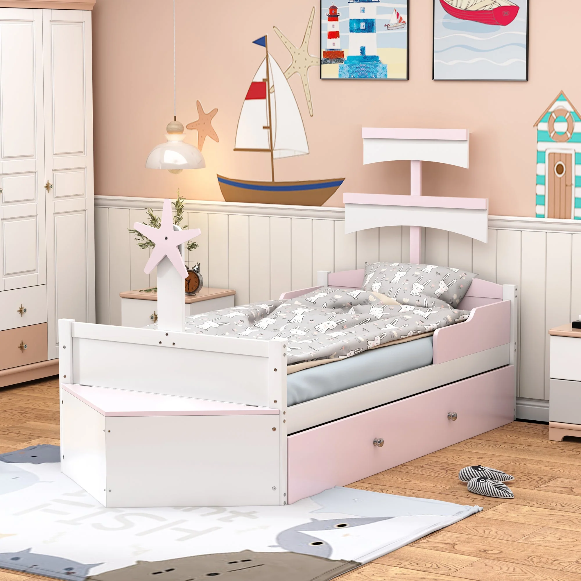 Children's Bed 90*200, Sailboat Shape with Pull-Out Bed & Storage, Pink Wood - Image 3