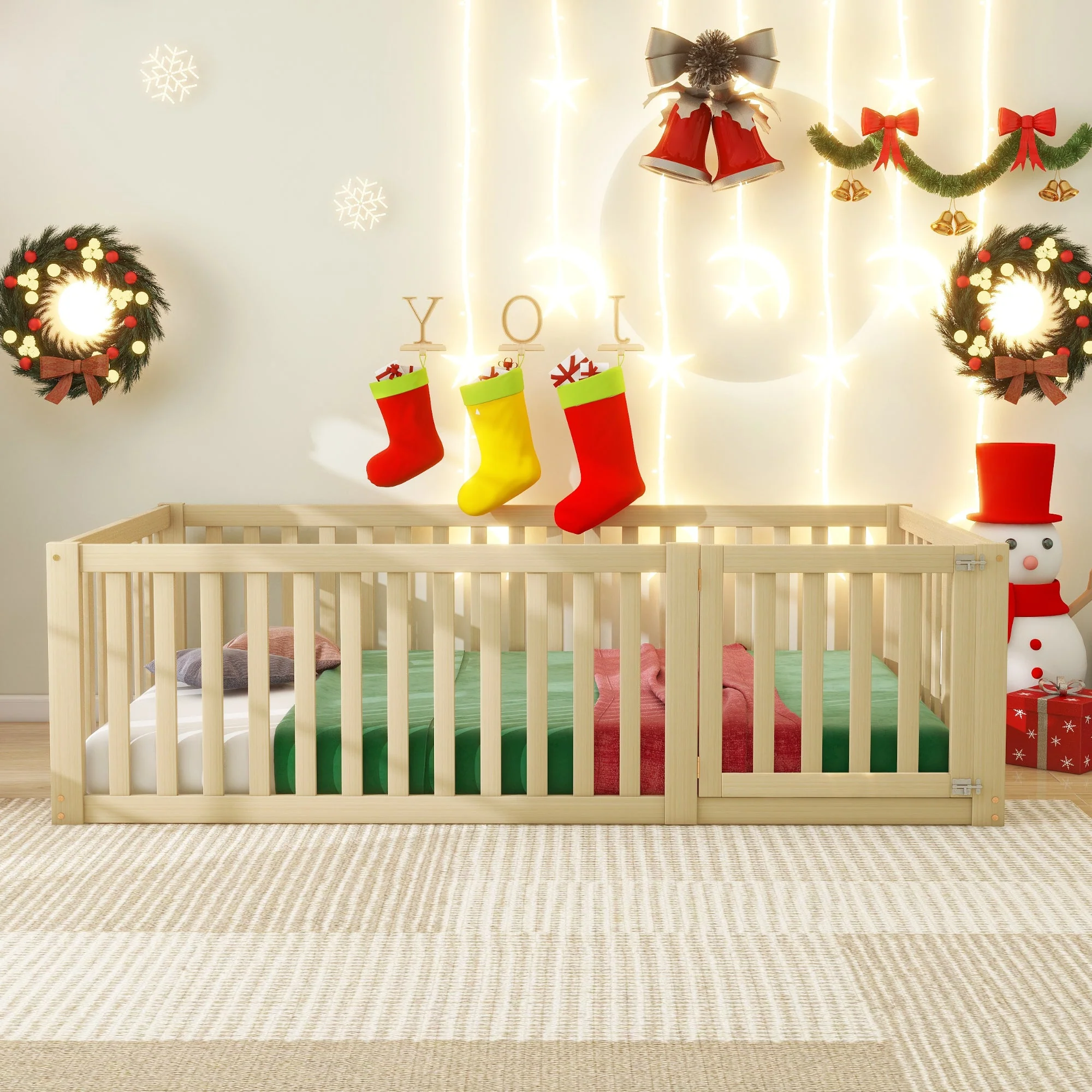 Children's bed 90 x 200, floor bed frame with fence and door, wood - Image 2