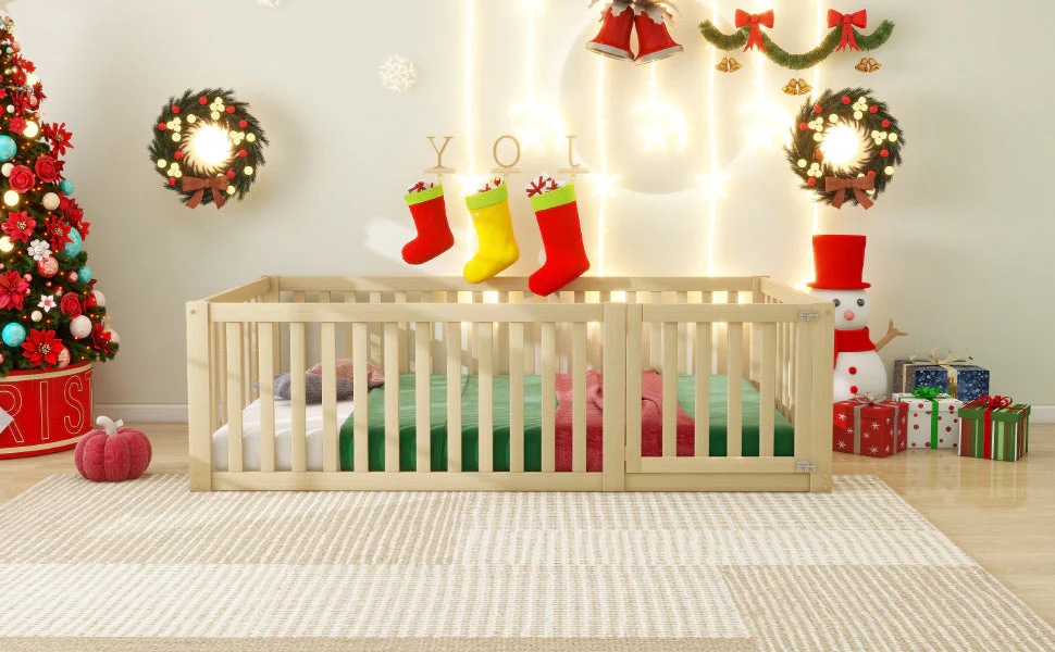 Children's bed 90 x 200, floor bed frame with fence and door, wood - Image 5
