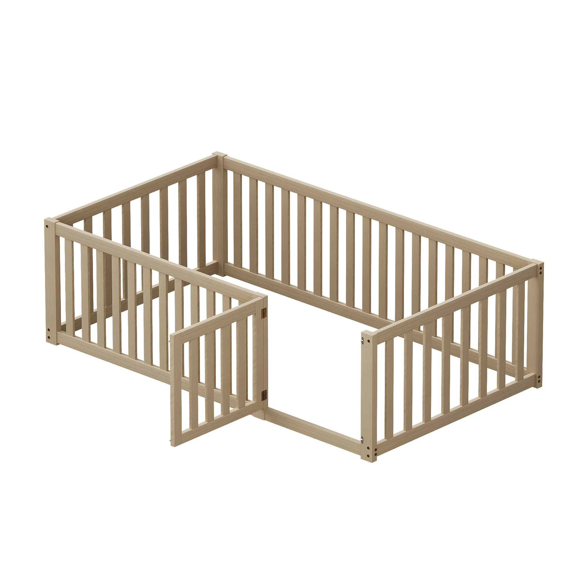 Children's bed 90 x 200, floor bed frame with fence and door, wood - Image 9