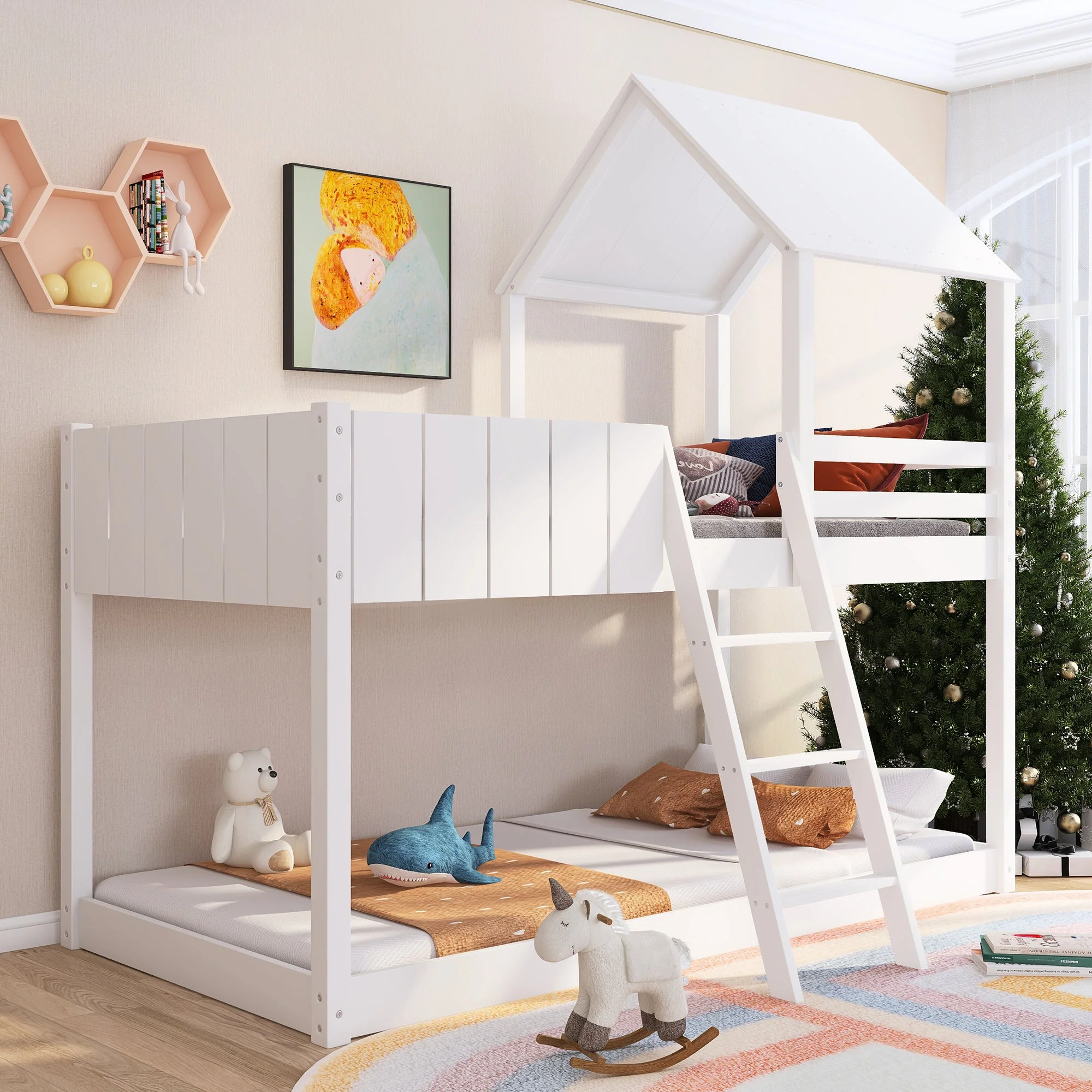 Bunk Bed with Ladder, Guard Rail & Treehouse Canopy - Clearance
