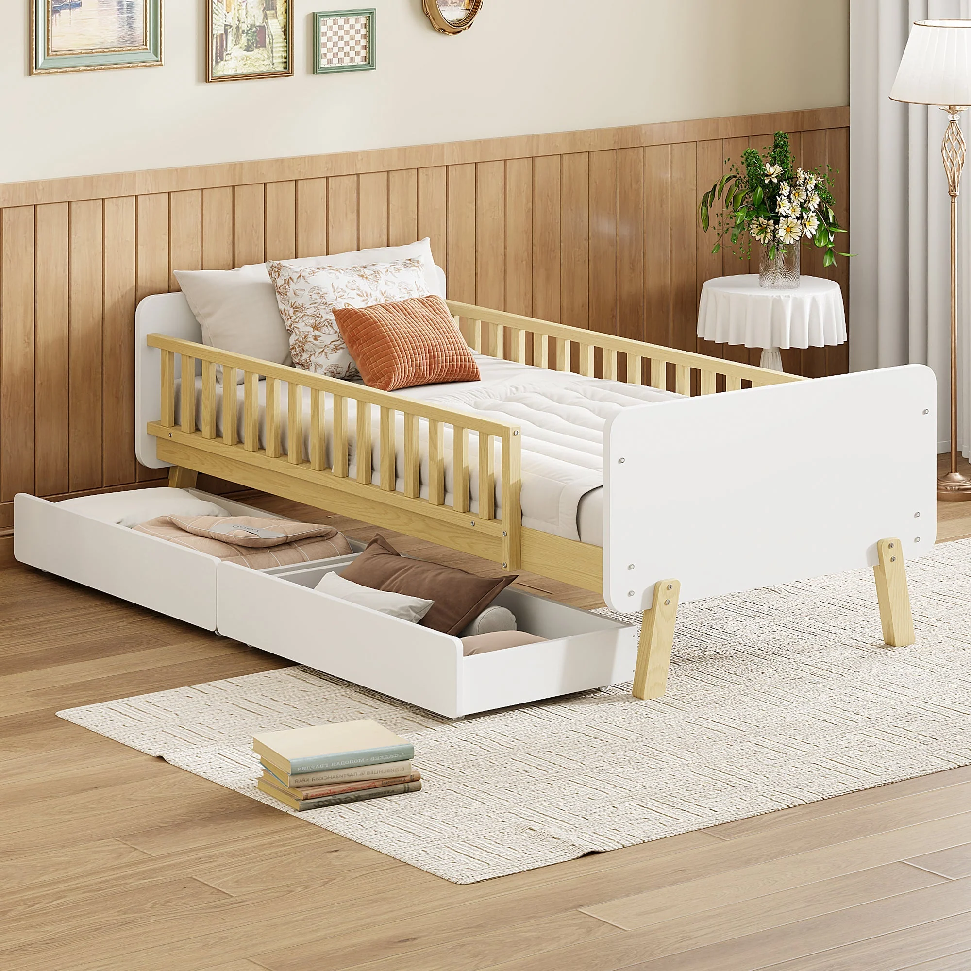 Children's Bed 90x190 Single with 2 Drawers, Solid Wood White