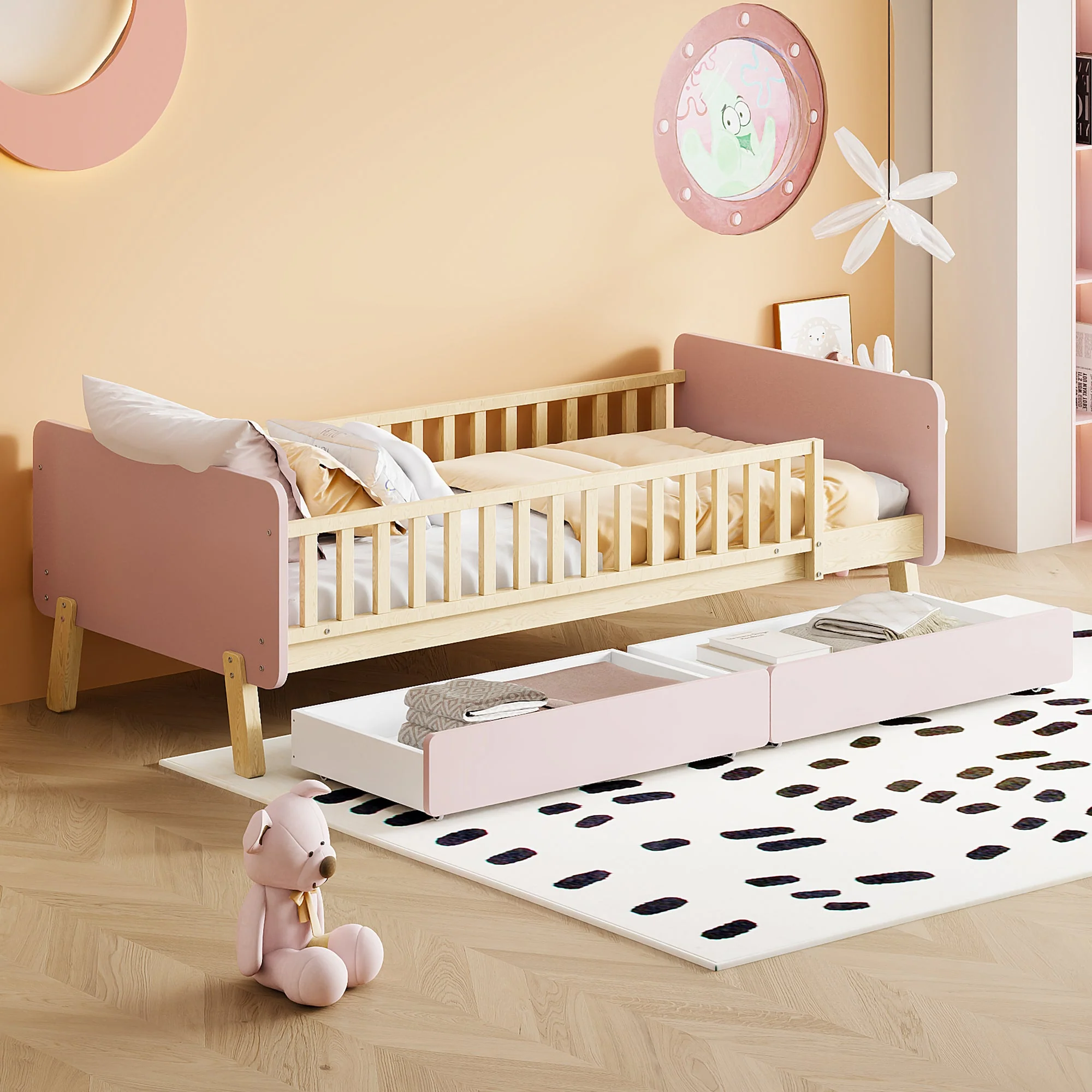 Children's Bed 90x190 with 2 Drawers, Solid Wood, Pink - Image 3