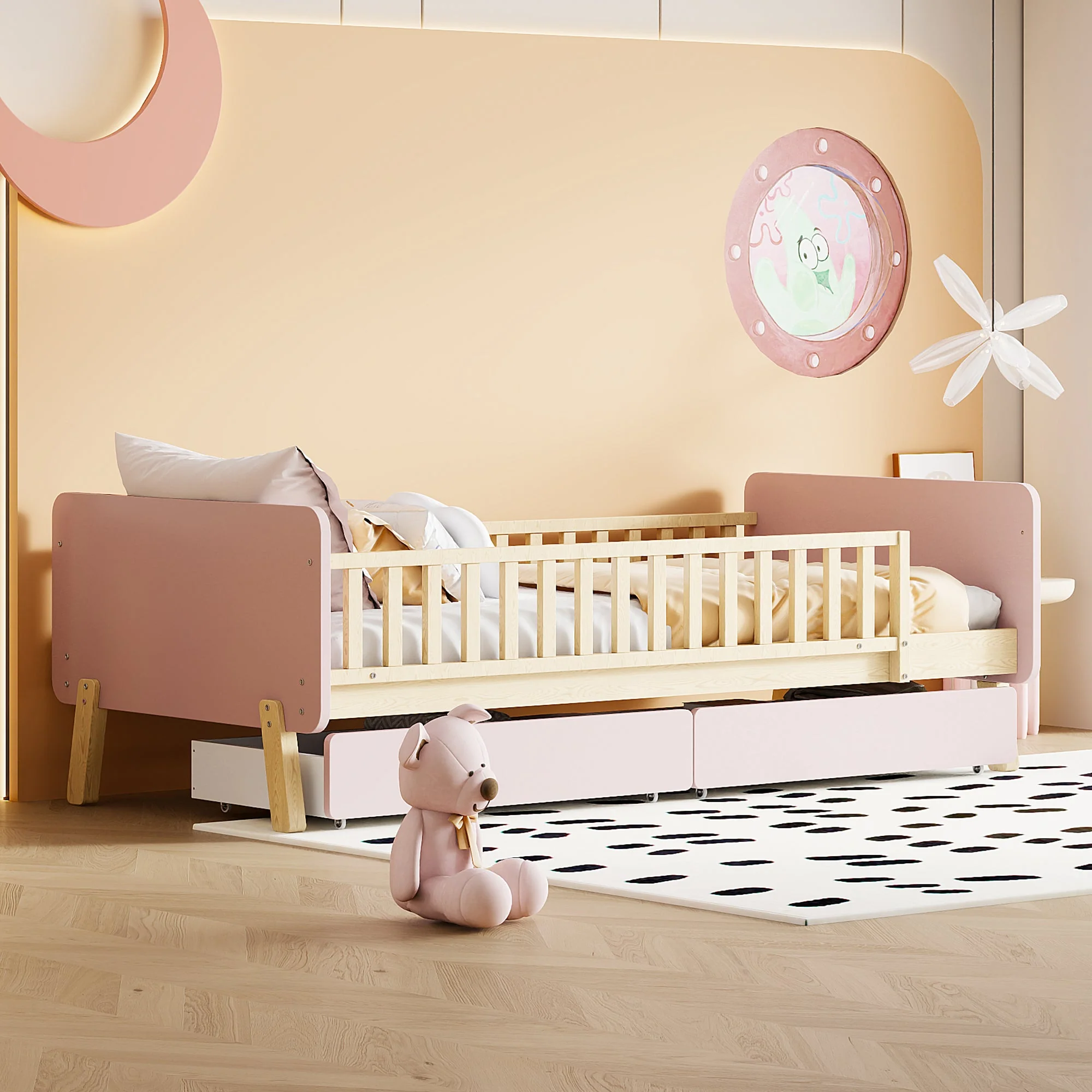 Children's Bed 90x190 with 2 Drawers, Solid Wood, Pink - Image 4
