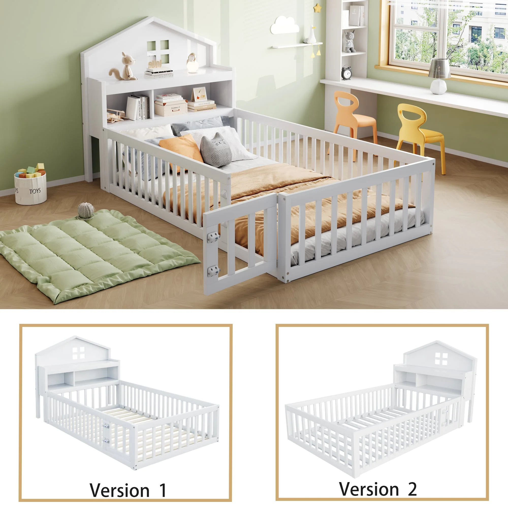 Children's Bed 90x200, Solid Wood Frame with Shelves, Storage, Safety Gate & Door, White - Image 4
