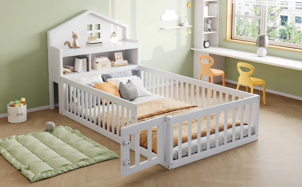 Children's Bed 90x200, Solid Wood Frame with Shelves, Storage, Safety Gate & Door, White - Image 5