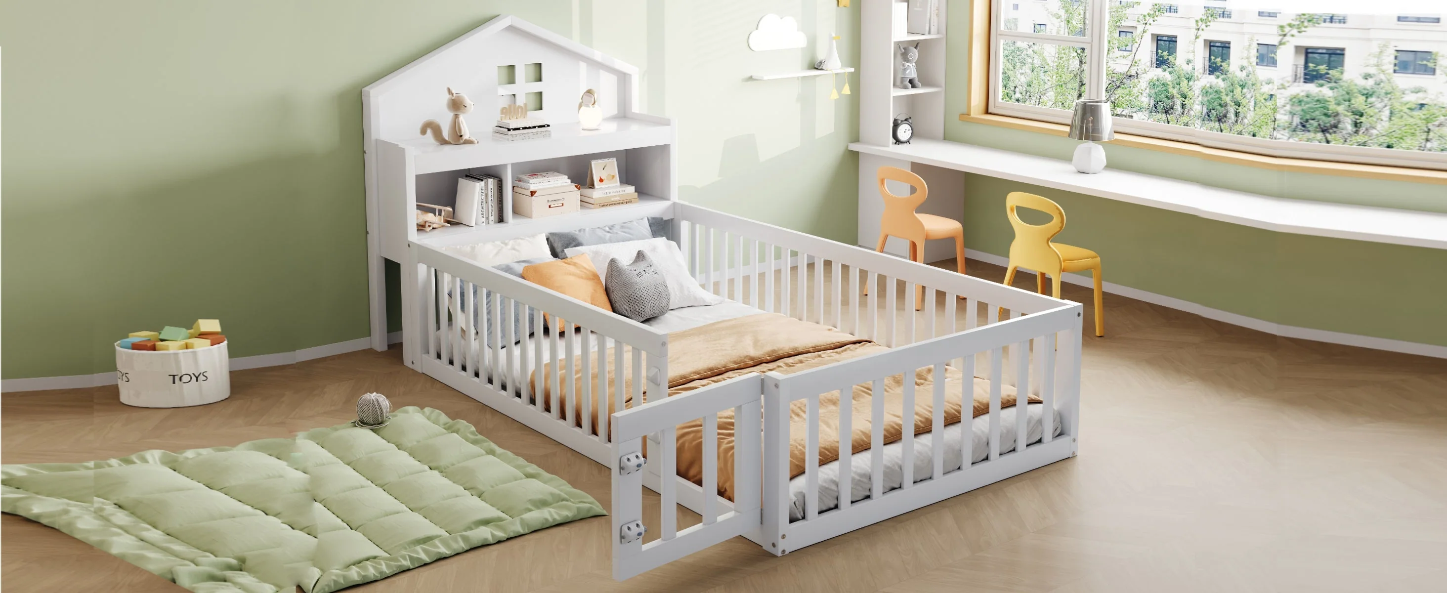 Children's Bed 90x200, Solid Wood Frame with Shelves, Storage, Safety Gate & Door, White - Image 7