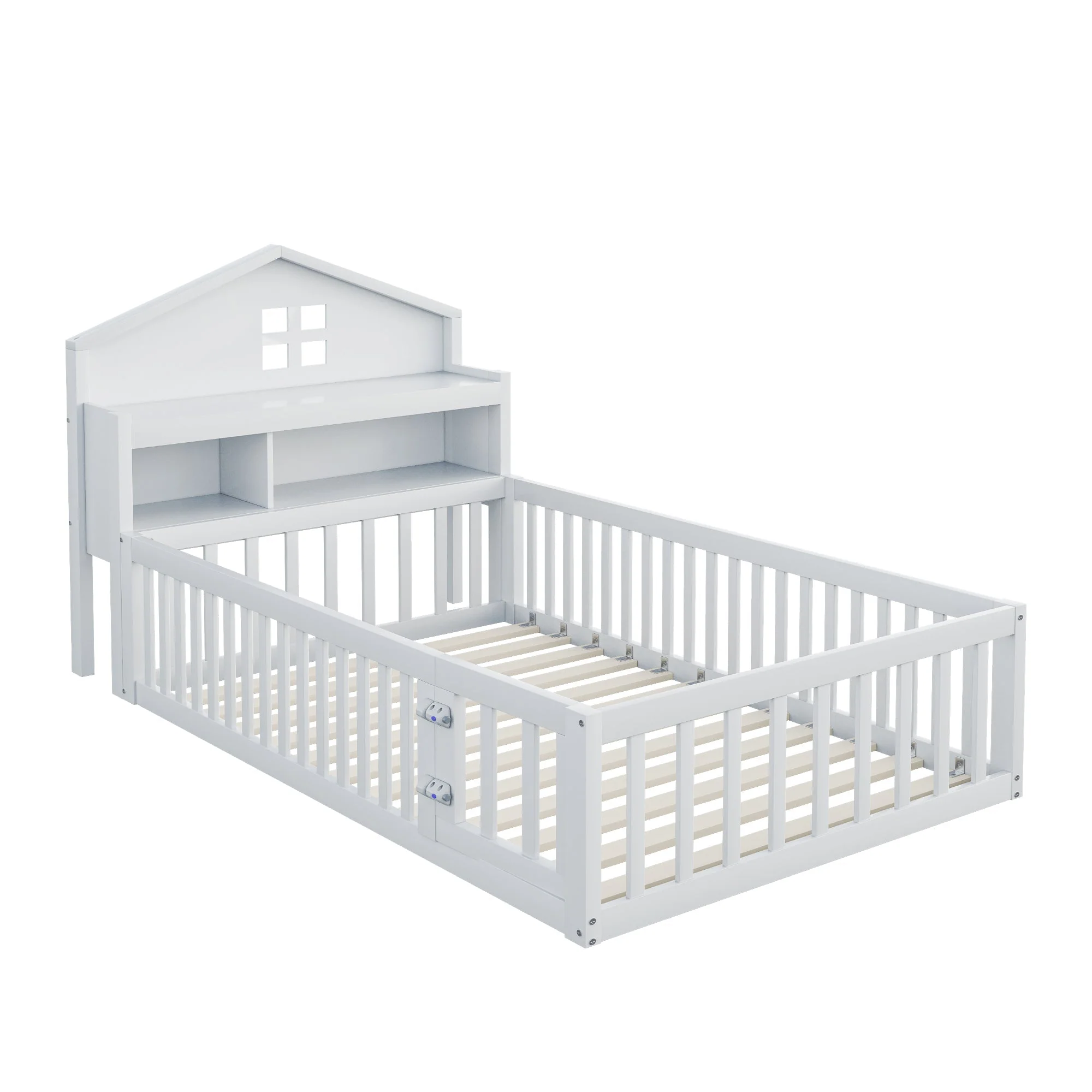 Children's Bed 90x200, Solid Wood Frame with Shelves, Storage, Safety Gate & Door, White - Image 9