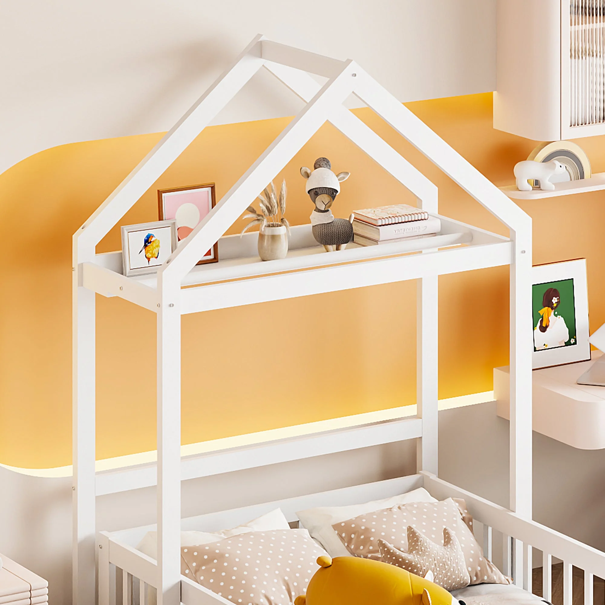 Children's Bed 90x200, Solid Wood Frame with Storage, Full Safety Gate & Slatted Frame, White - Image 5