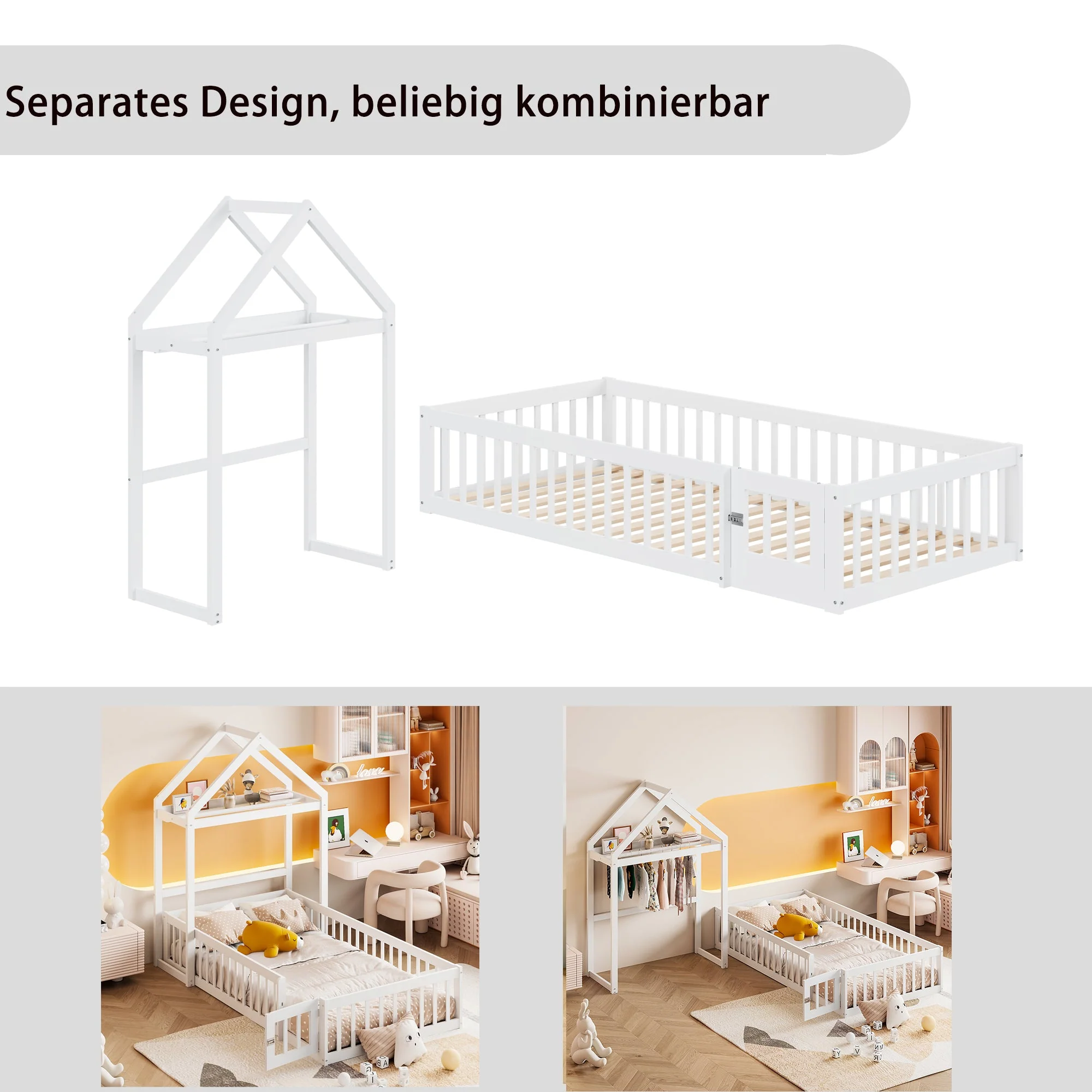 Children's Bed 90x200, Solid Wood Frame with Storage, Full Safety Gate & Slatted Frame, White - Image 6