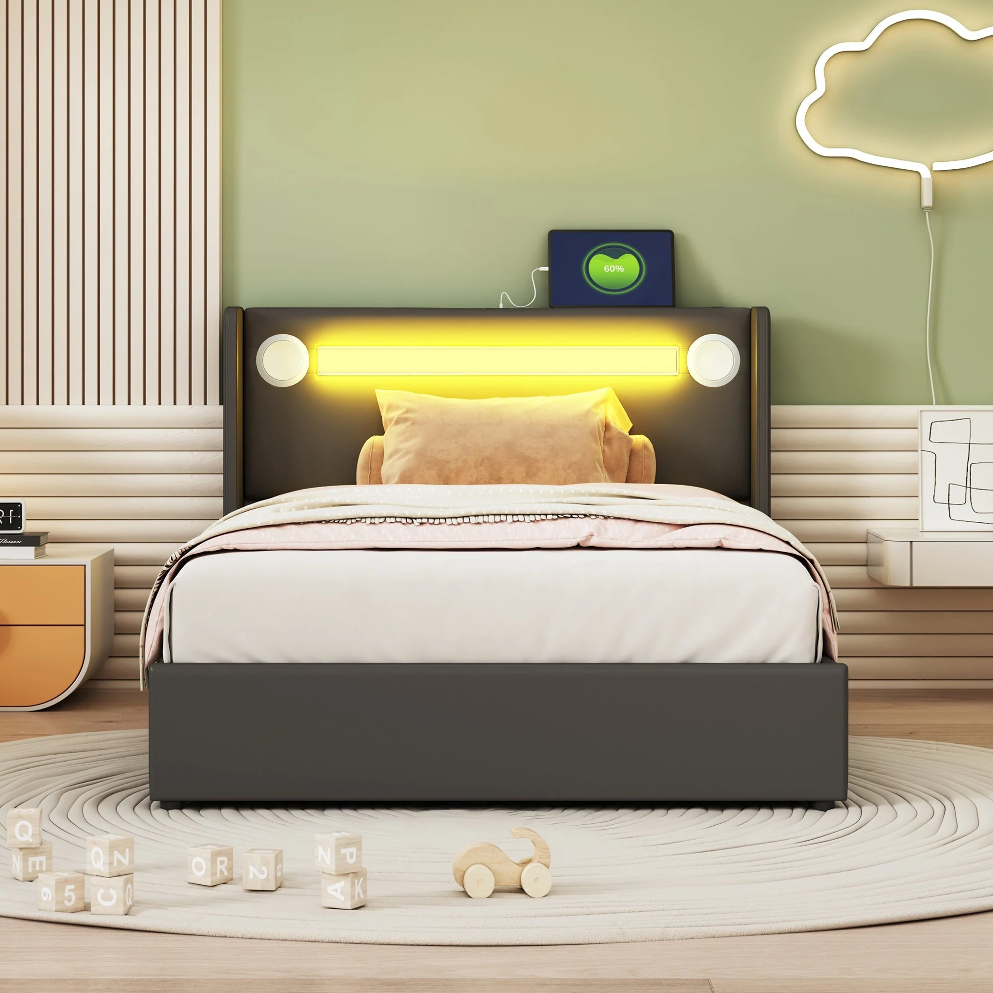Children's Bed 90x200 with LED, Bluetooth & USB, PU Leather - Image 2