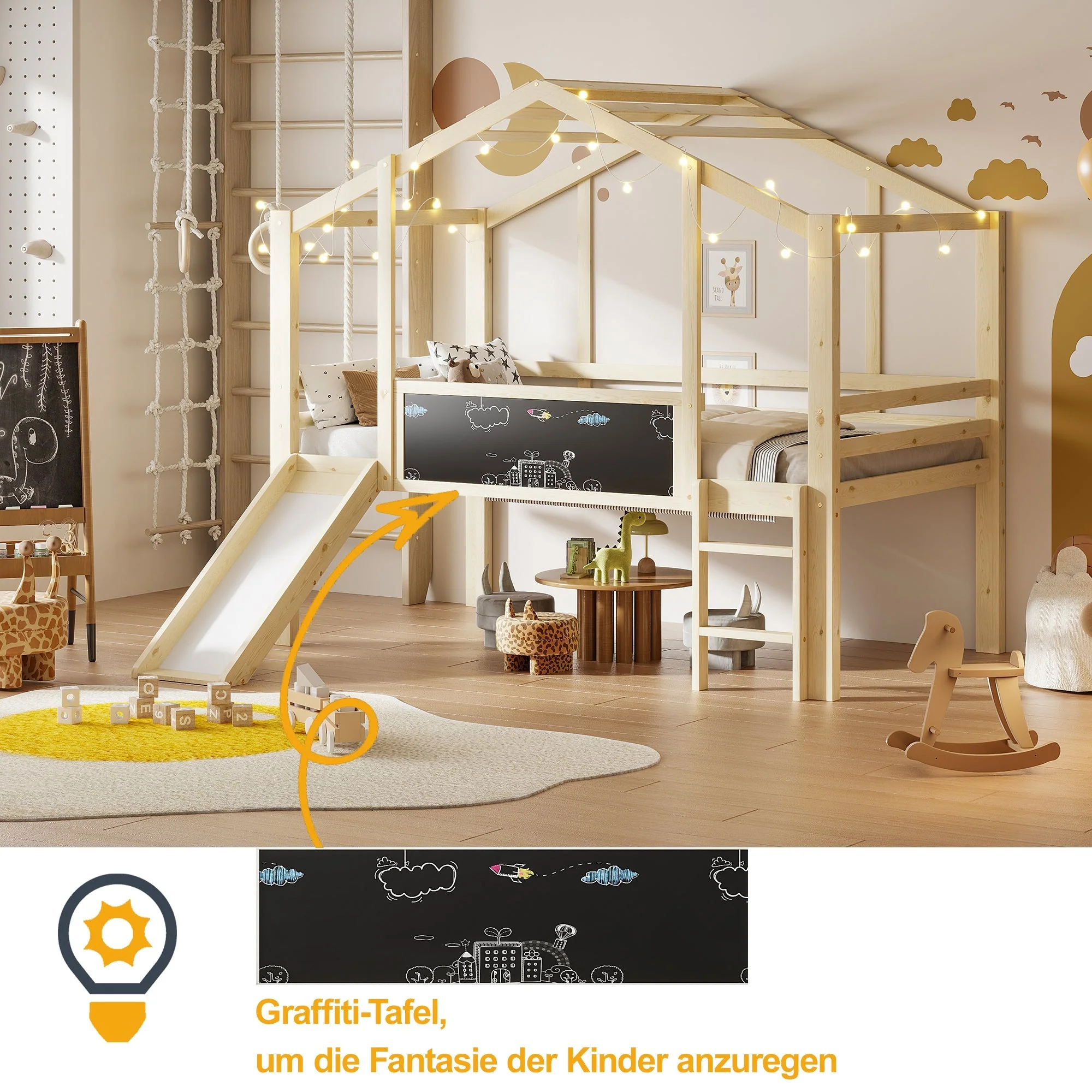 Children's Bed 90x200cm Attic Design Slide Graffiti Board Solid Wood/Wood Color - Image 4