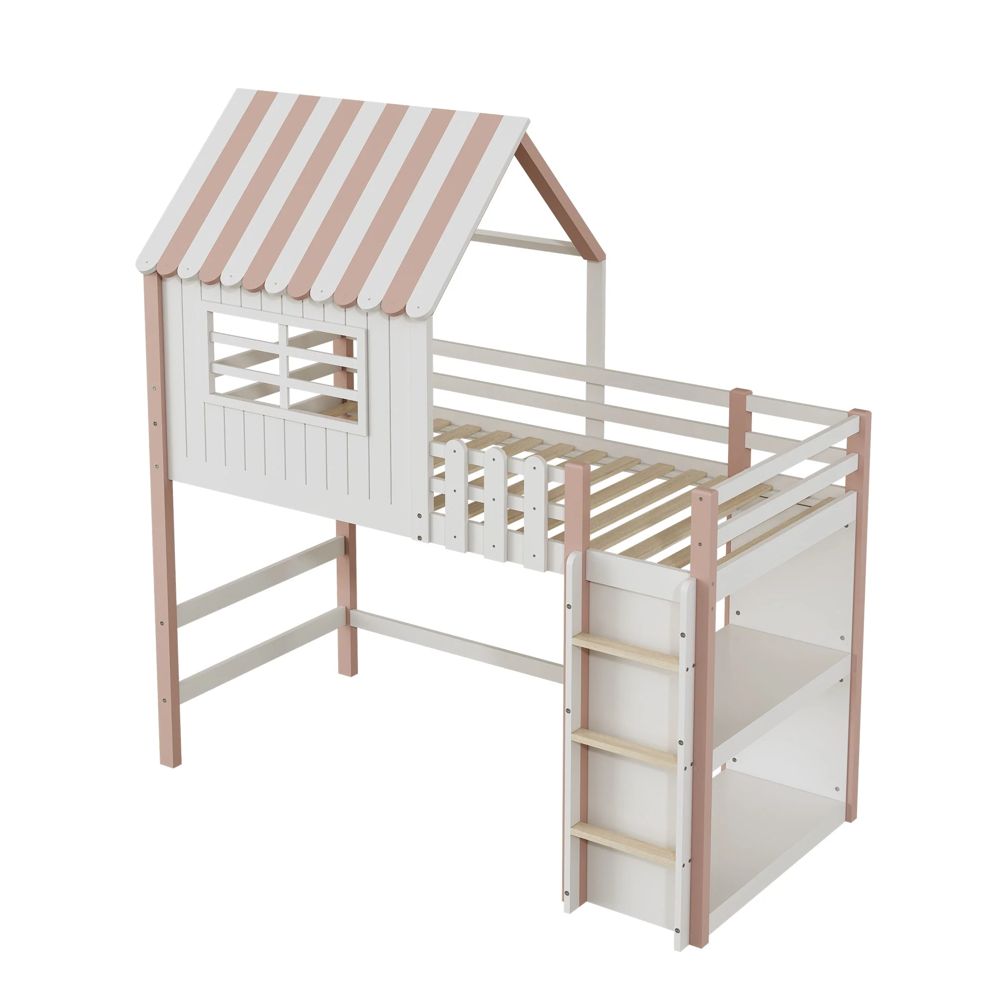 Children's Bed 90x200cm, High & Low Roof Shape with Ladder & Storage, Solid Wood Pink - Image 7