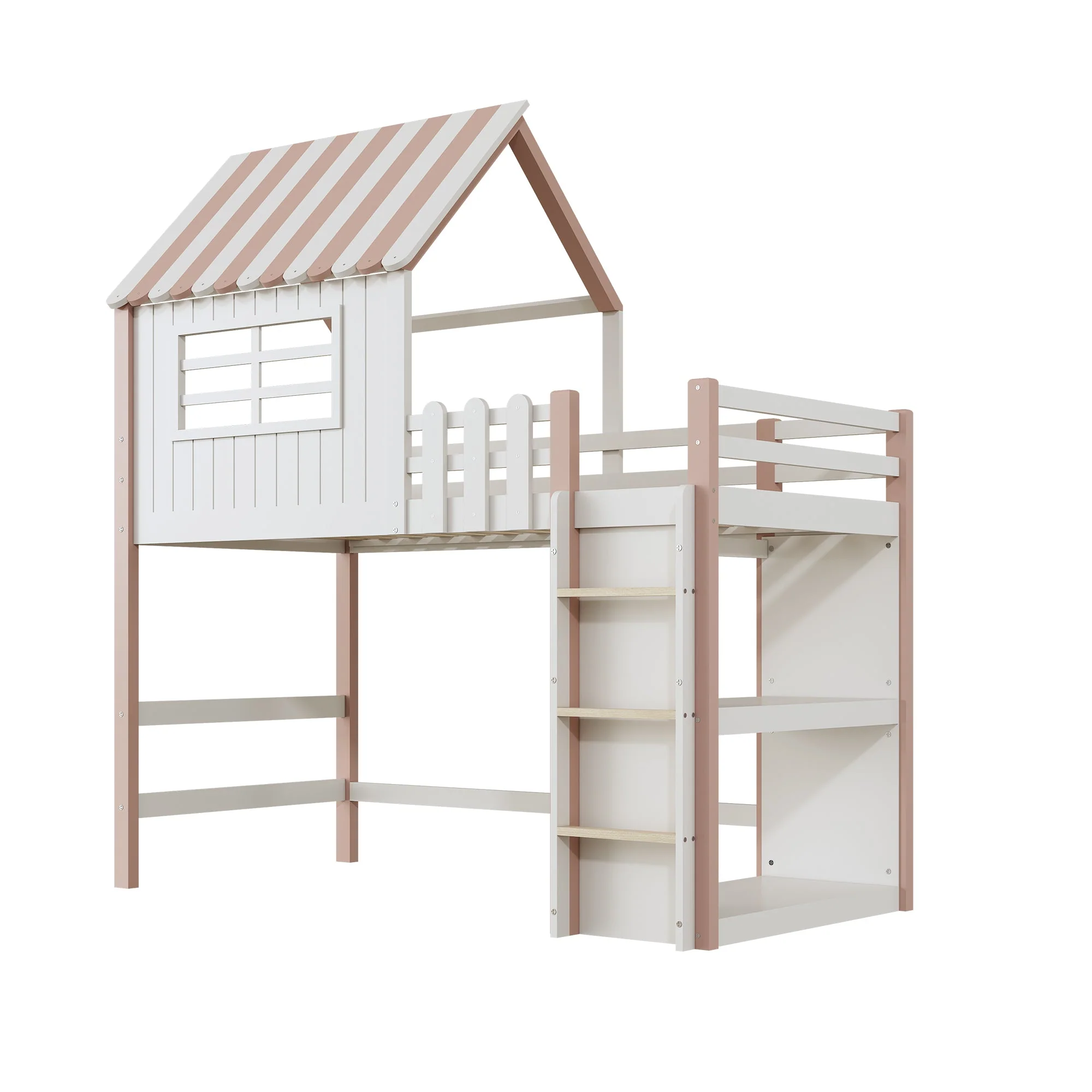 Children's Bed 90x200cm, High & Low Roof Shape with Ladder & Storage, Solid Wood Pink - Image 8