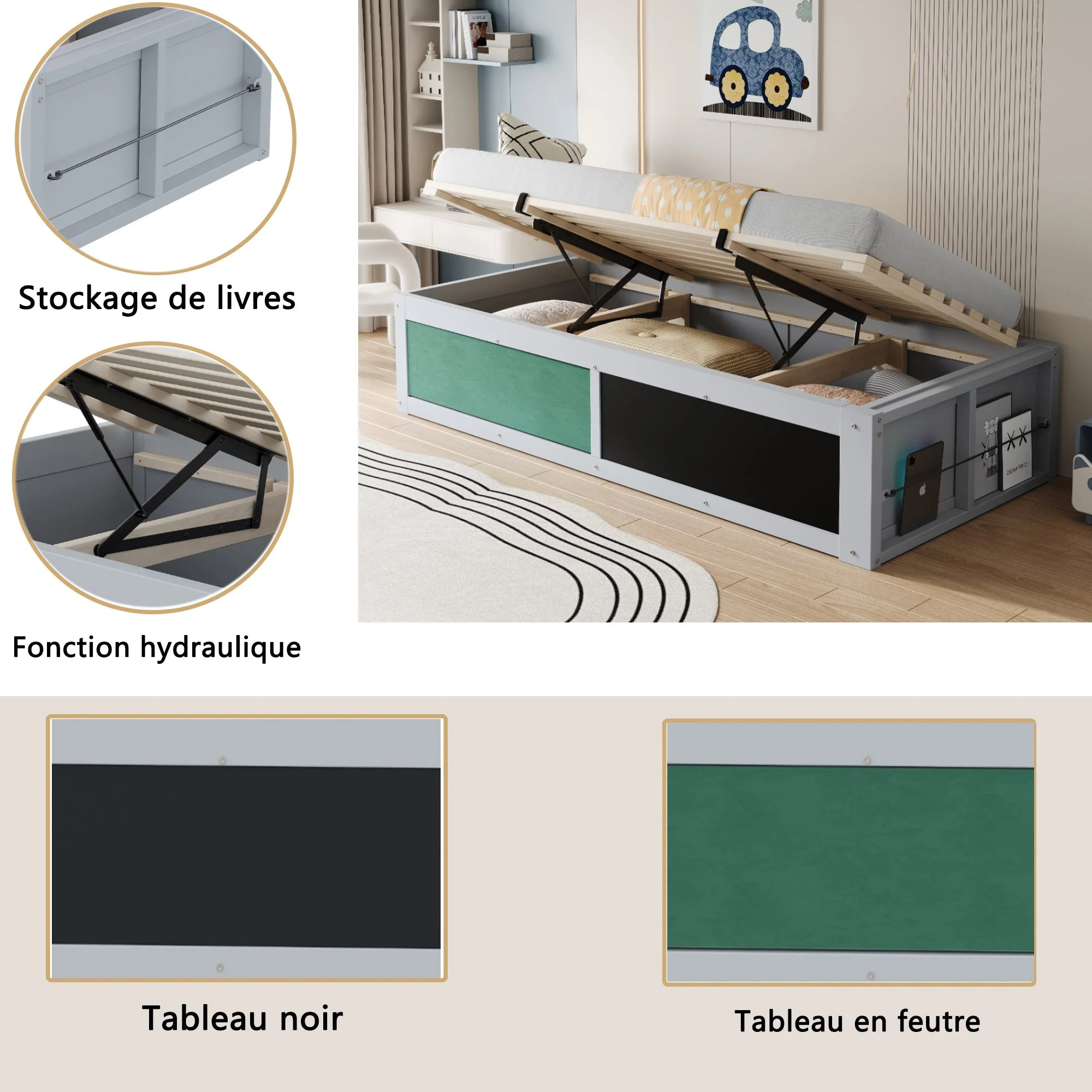 Children's Bed 90x200cm Hydraulic Adjustment Writing Surface Storage Felt Top Grey - Image 8