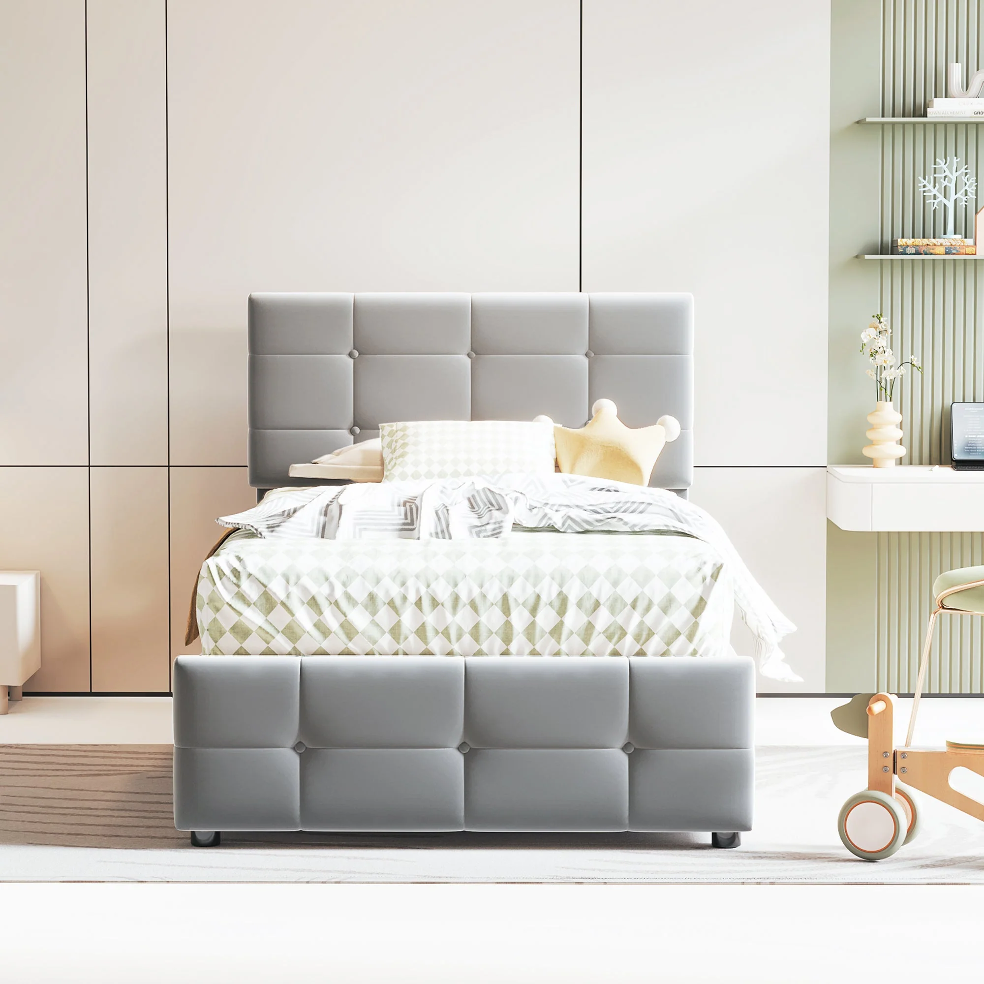 Children's Bed 90x200cm, Hydraulic Storage, Adjustable Headboard, Velvet Grey - Image 3