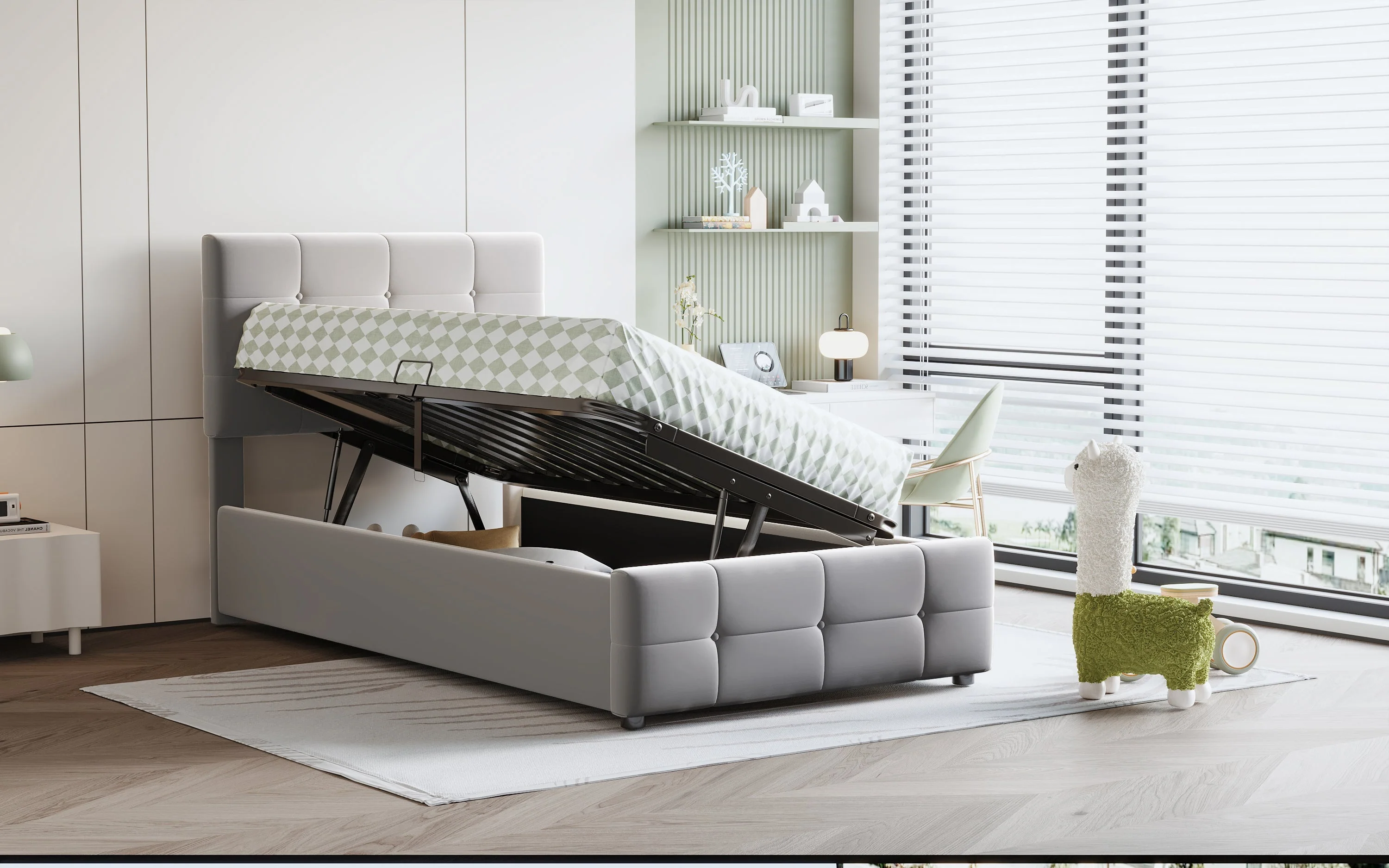 Children's Bed 90x200cm, Hydraulic Storage, Adjustable Headboard, Velvet Grey - Image 4