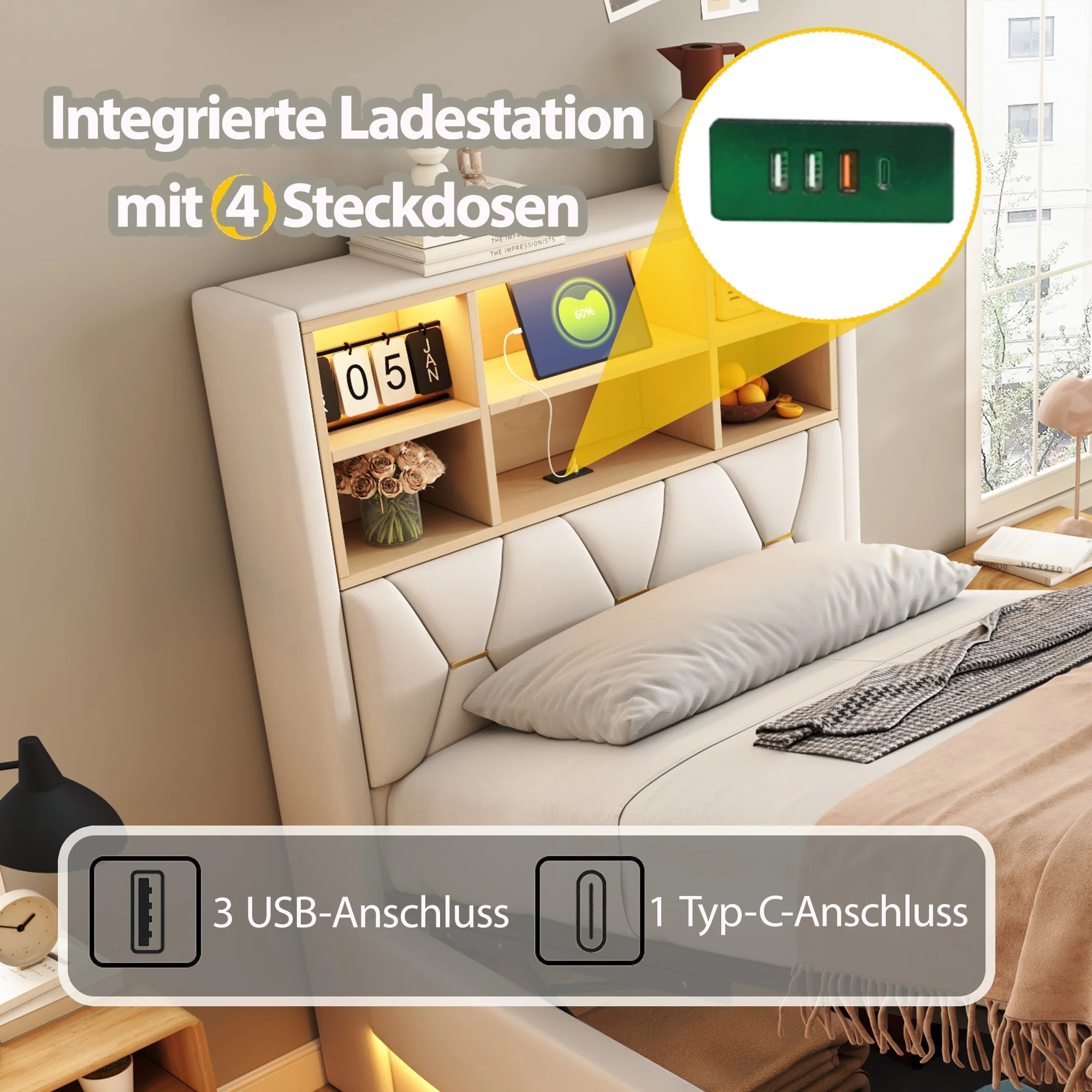 Children's Bed 90×200cm Hydraulic Storage LED USB Port, Linen Beige - Image 7