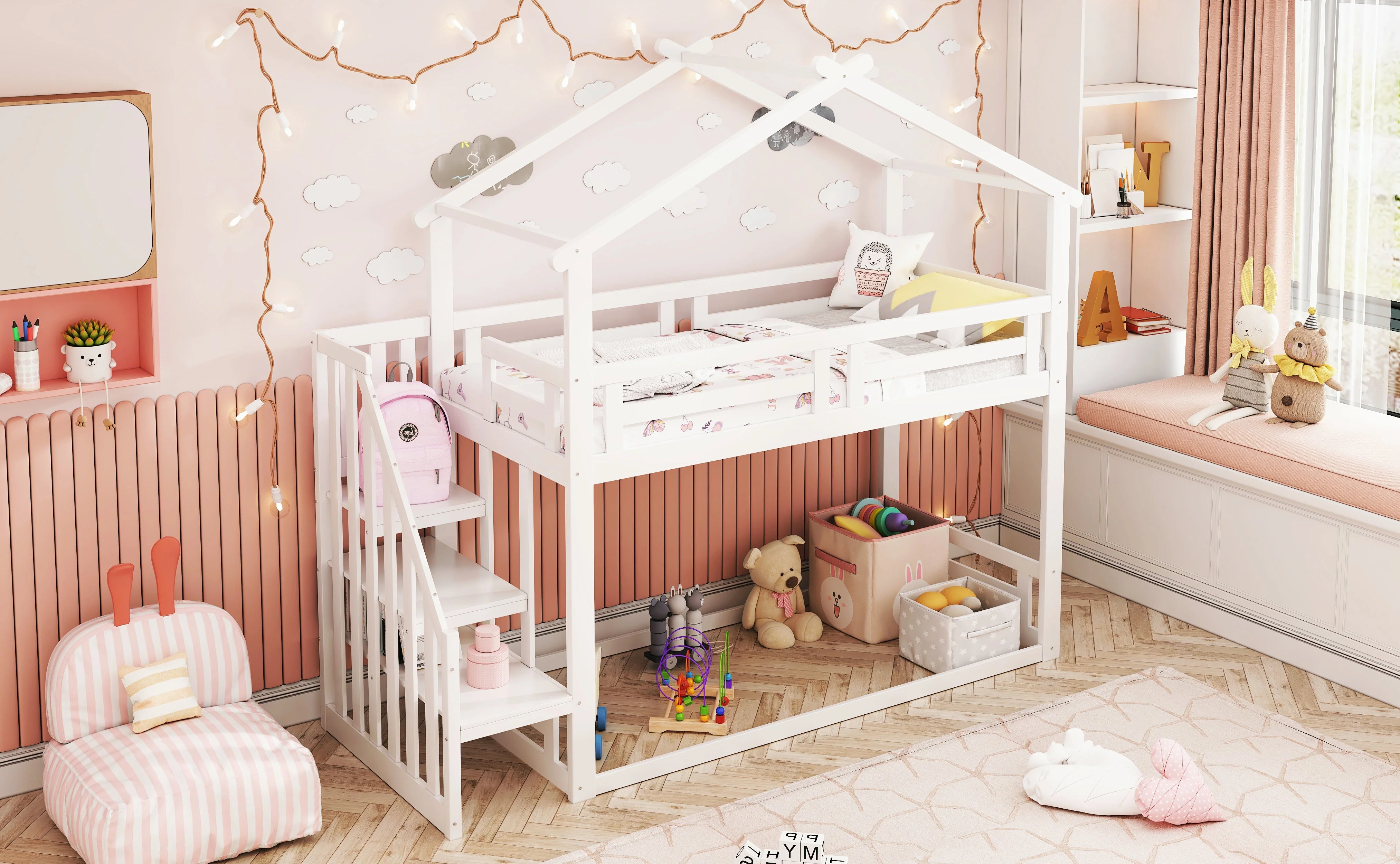 Children's Bed 90x200cm, Low Bunk Bed with Safety Stairs, Solid Wood, White - Image 7