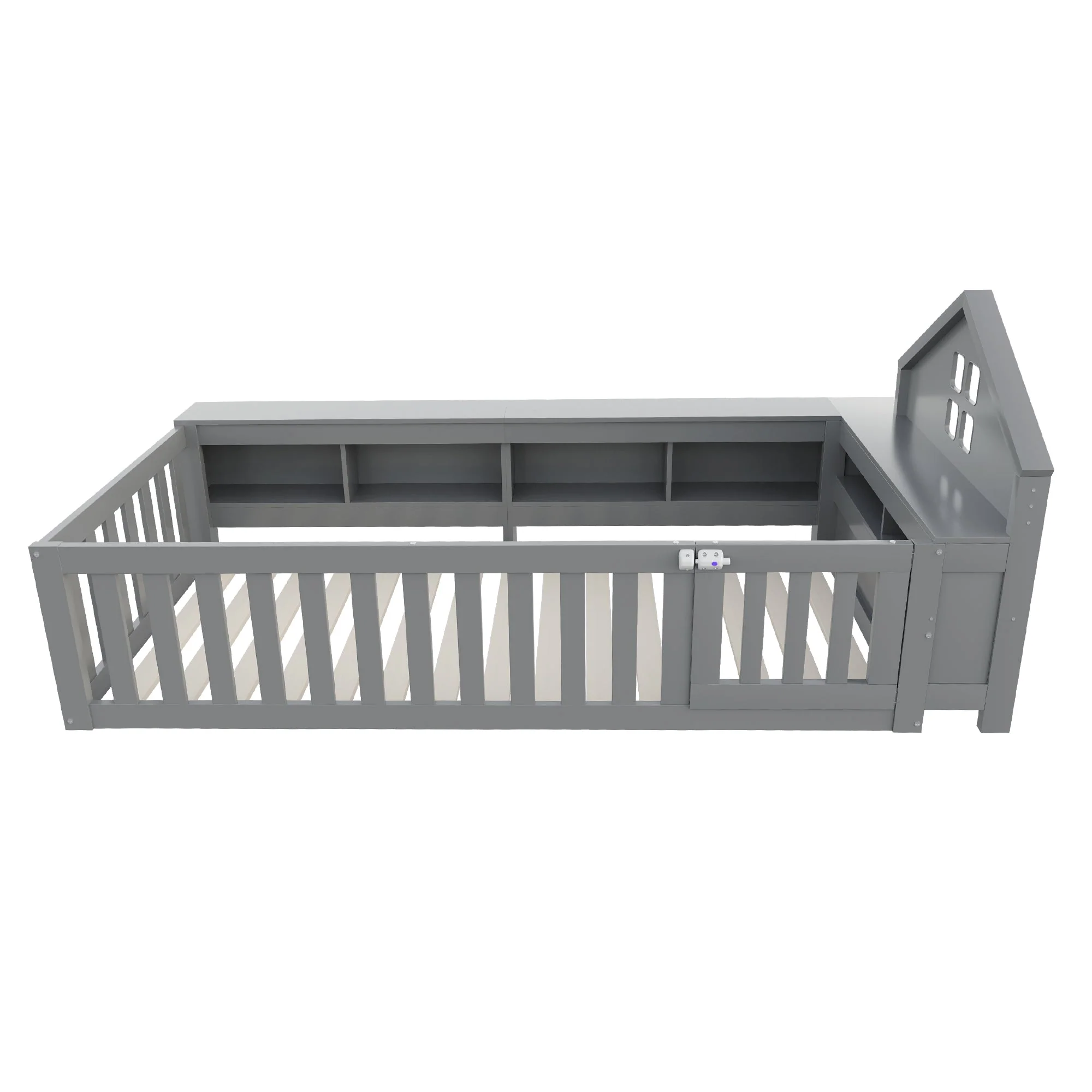 Children's Bed 90x200cm, Roof & Window, Storage, Safety Gate & Door, Solid Wood, Grey - Image 10