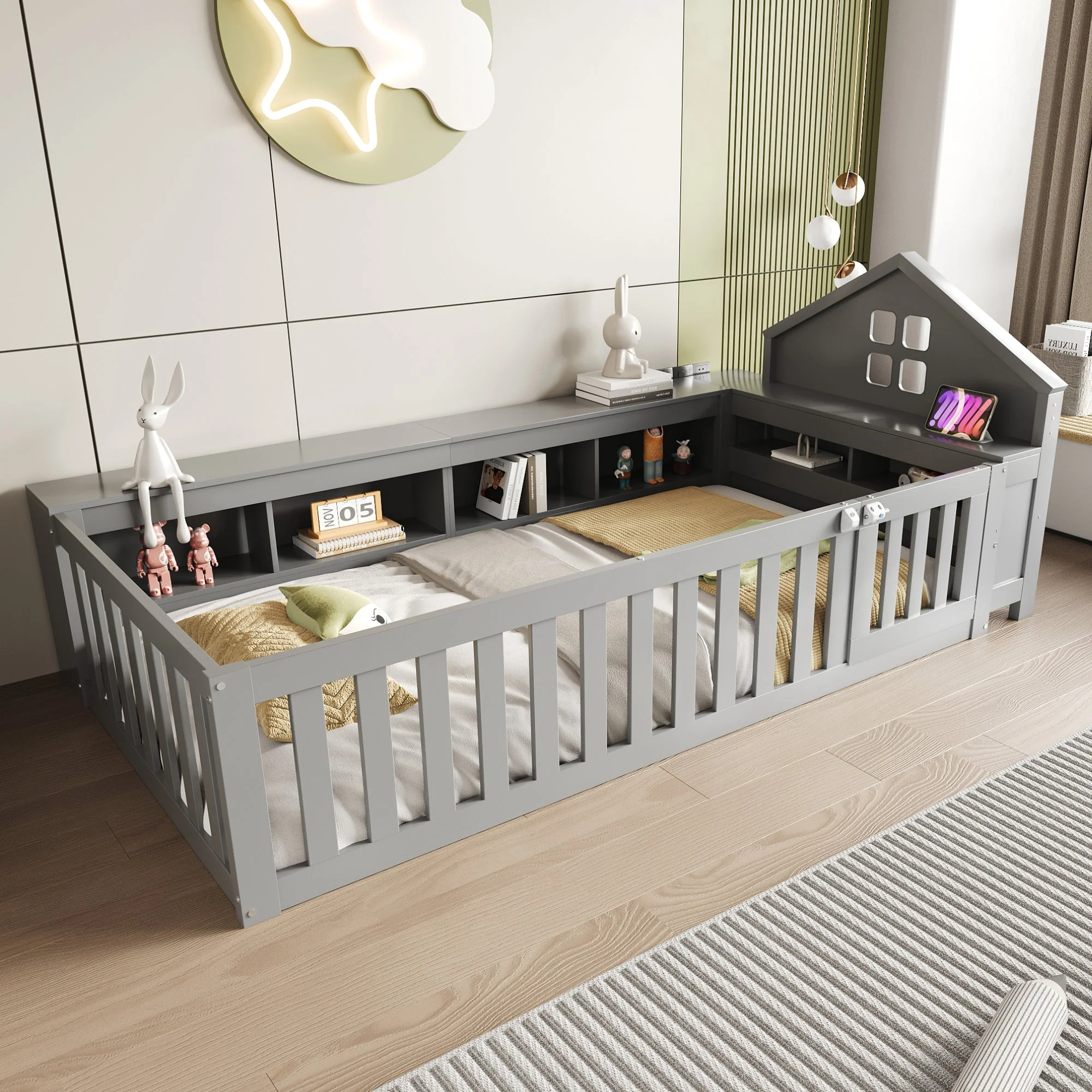 Children's Bed 90x200cm, Roof & Window, Storage, Safety Gate & Door, Solid Wood, Grey - Image 2