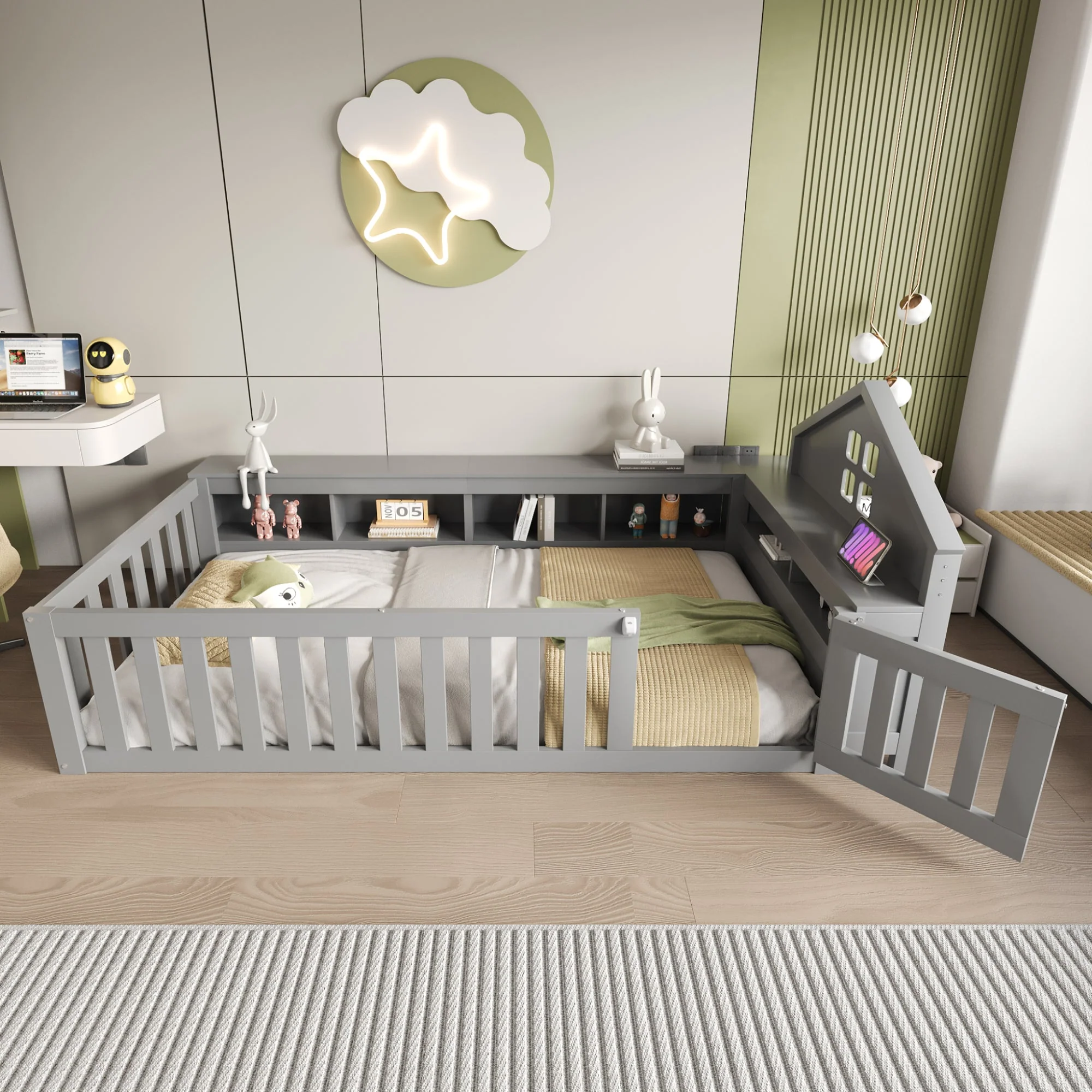 Children's Bed 90x200cm, Roof & Window, Storage, Safety Gate & Door, Solid Wood, Grey - Image 3