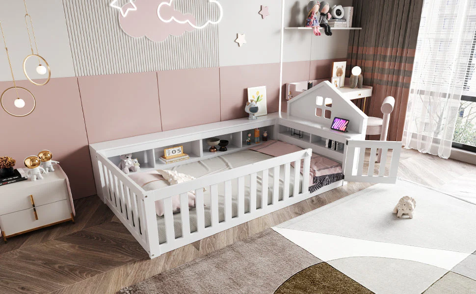 Children's Bed 90x200cm, Roof & Window, Storage, Safety Gate & Door, Solid Wood, White - Image 4