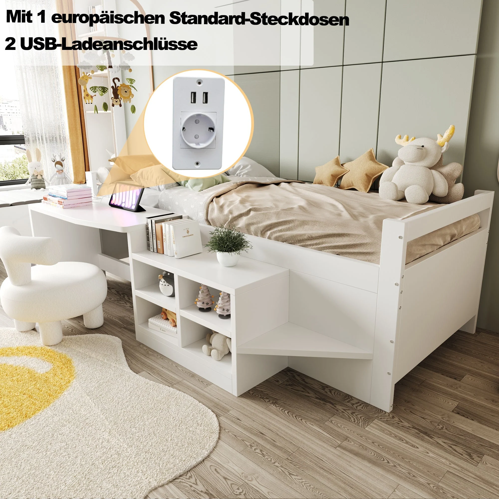 Children's Bed 90x200cm, Storage & Desk with Sockets, Wooden White - Image 4