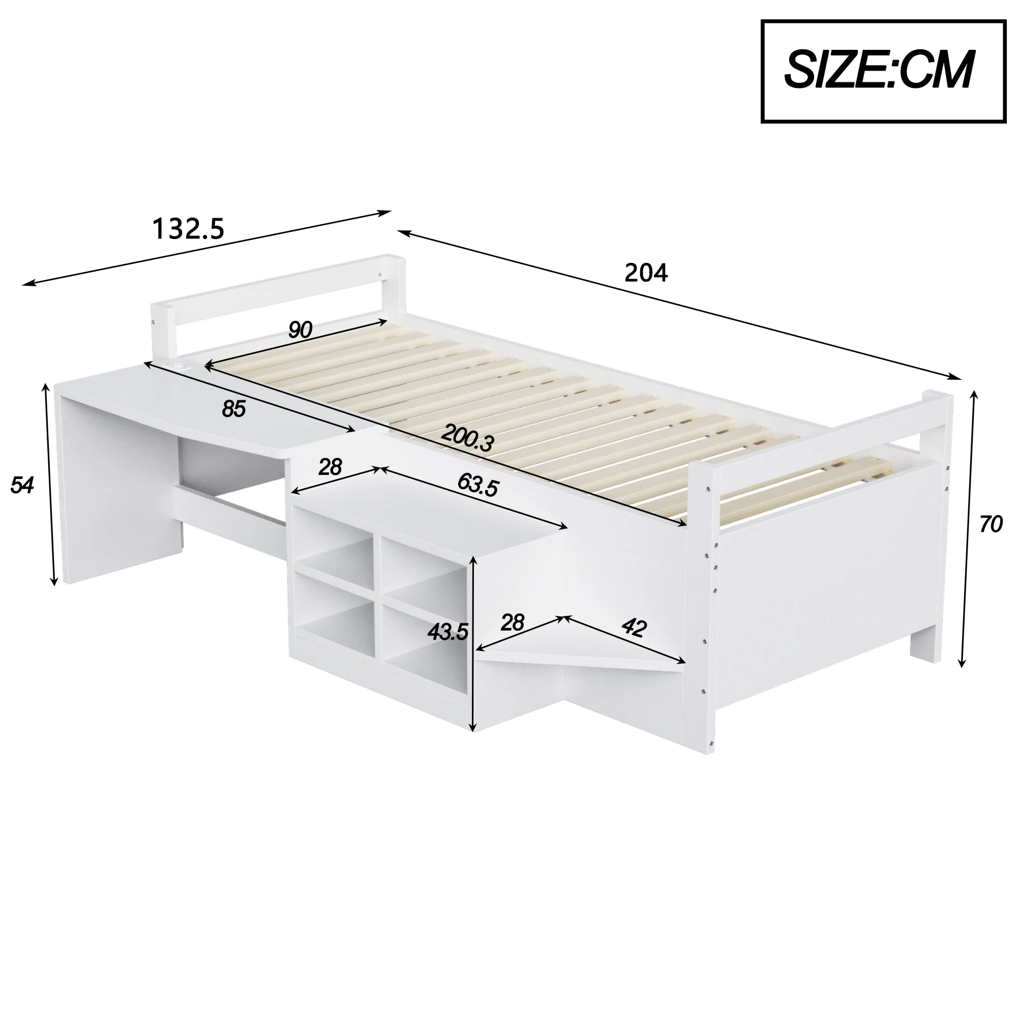 Children's Bed 90x200cm, Storage & Desk with Sockets, Wooden White - Image 5