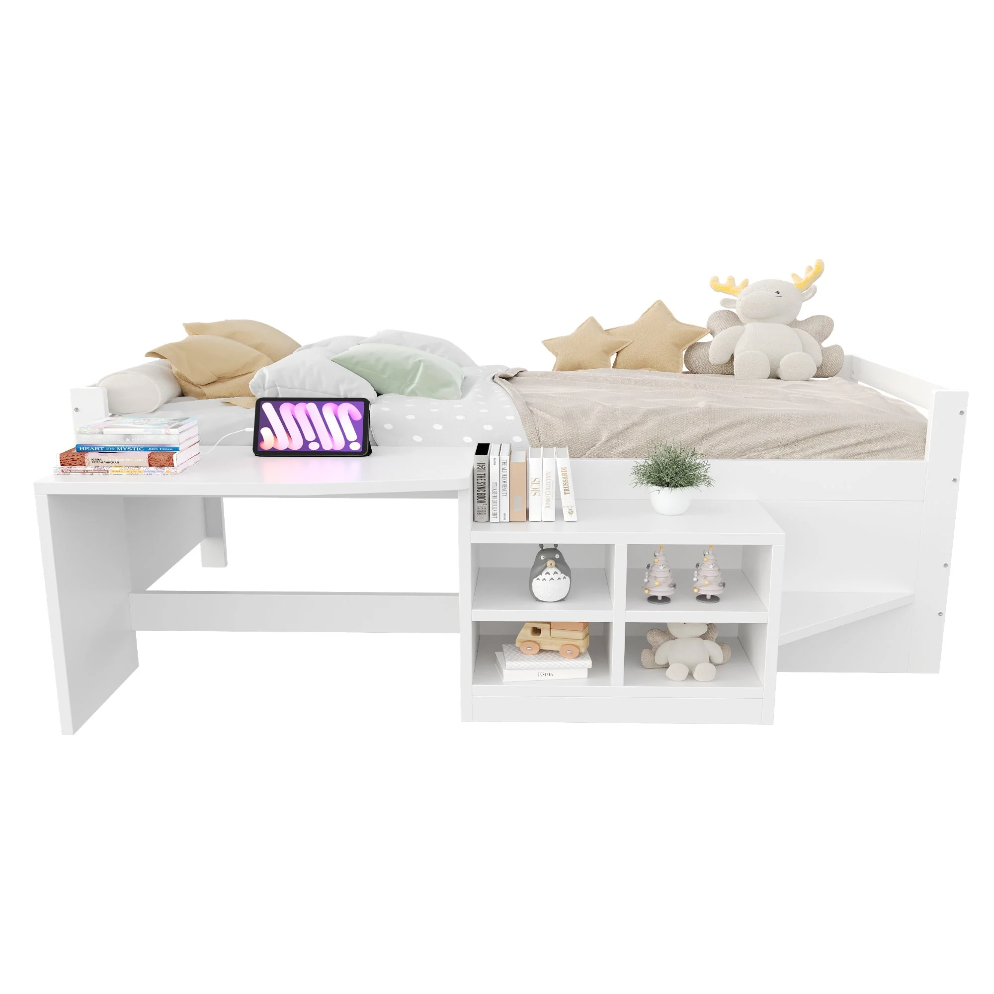 Children's Bed 90x200cm, Storage & Desk with Sockets, Wooden White - Image 7