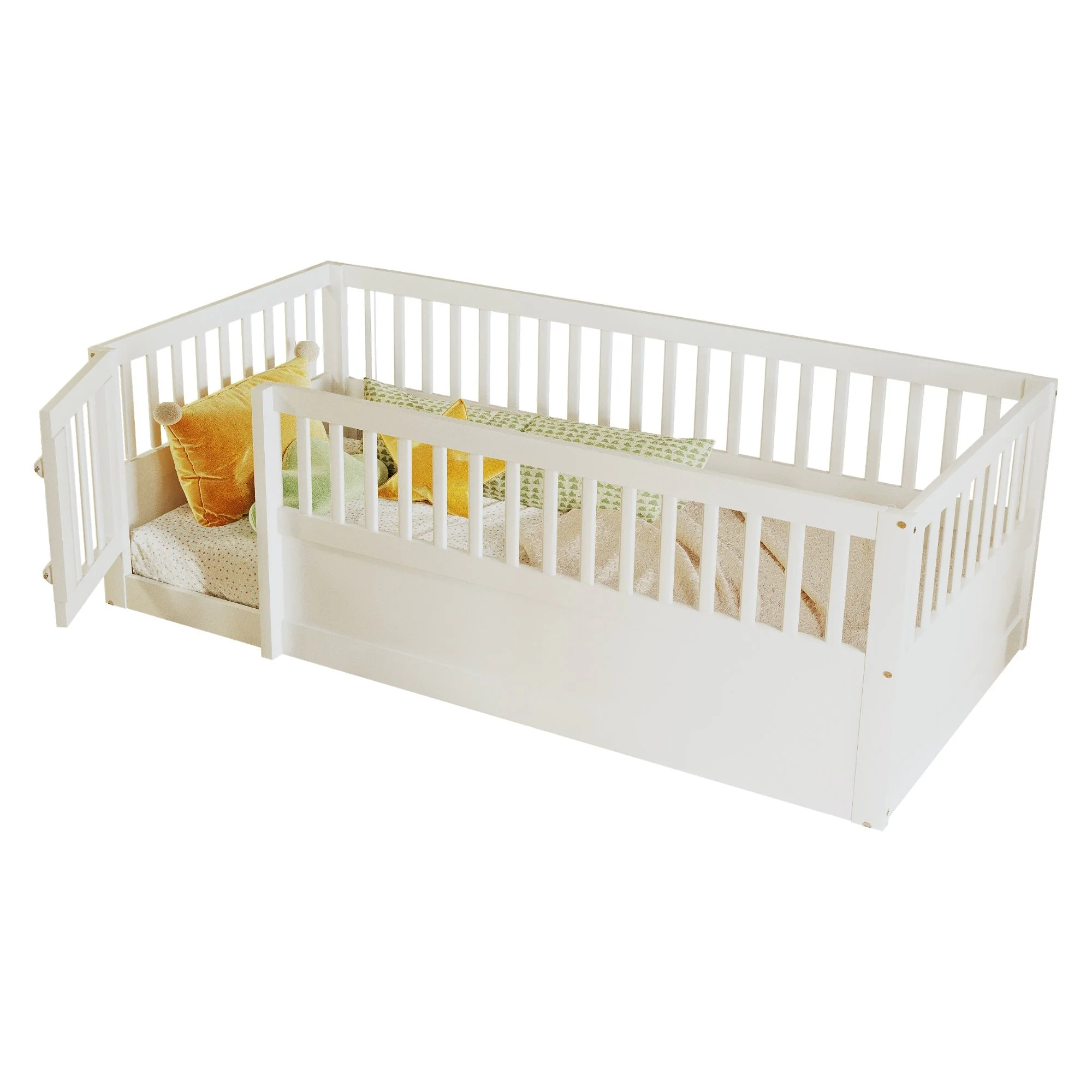 Children's Bed 90x200cm with Railing and Door, White Wood - Image 6