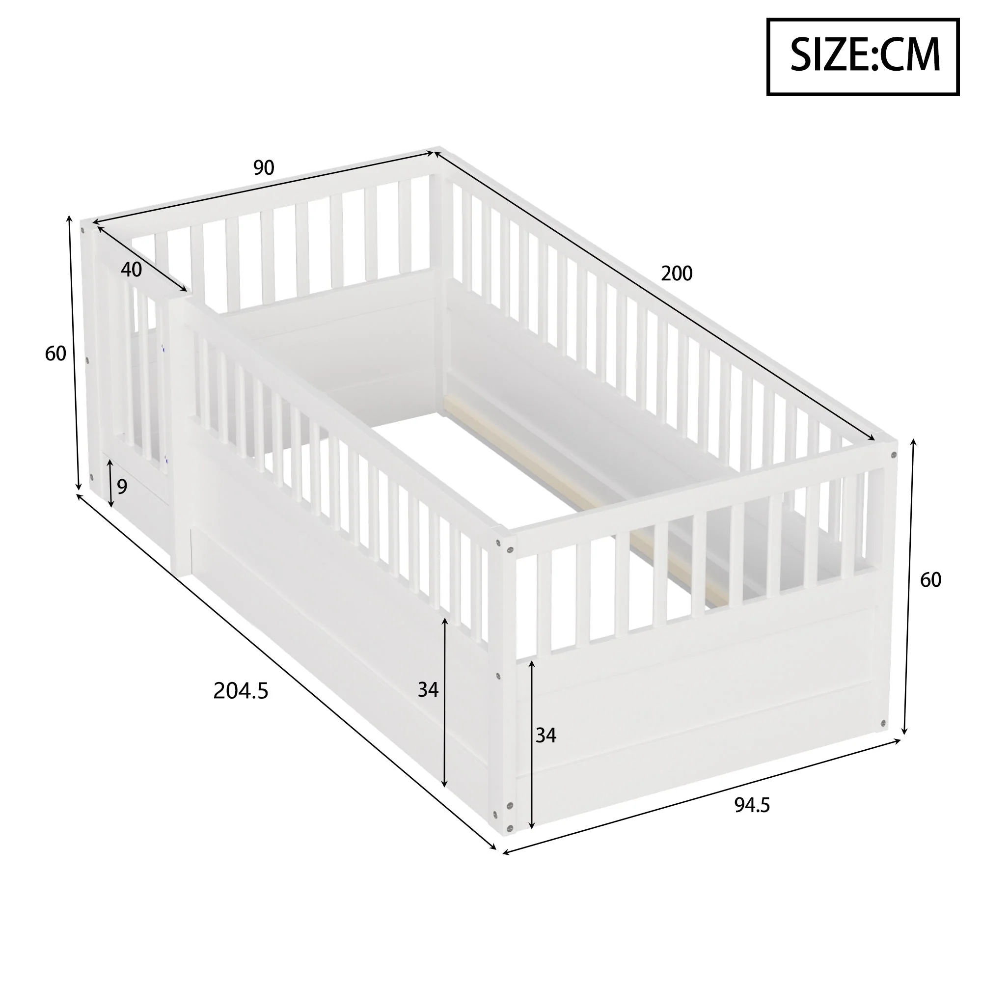 Children's Bed 90x200cm with Railing and Door, White Wood - Image 8