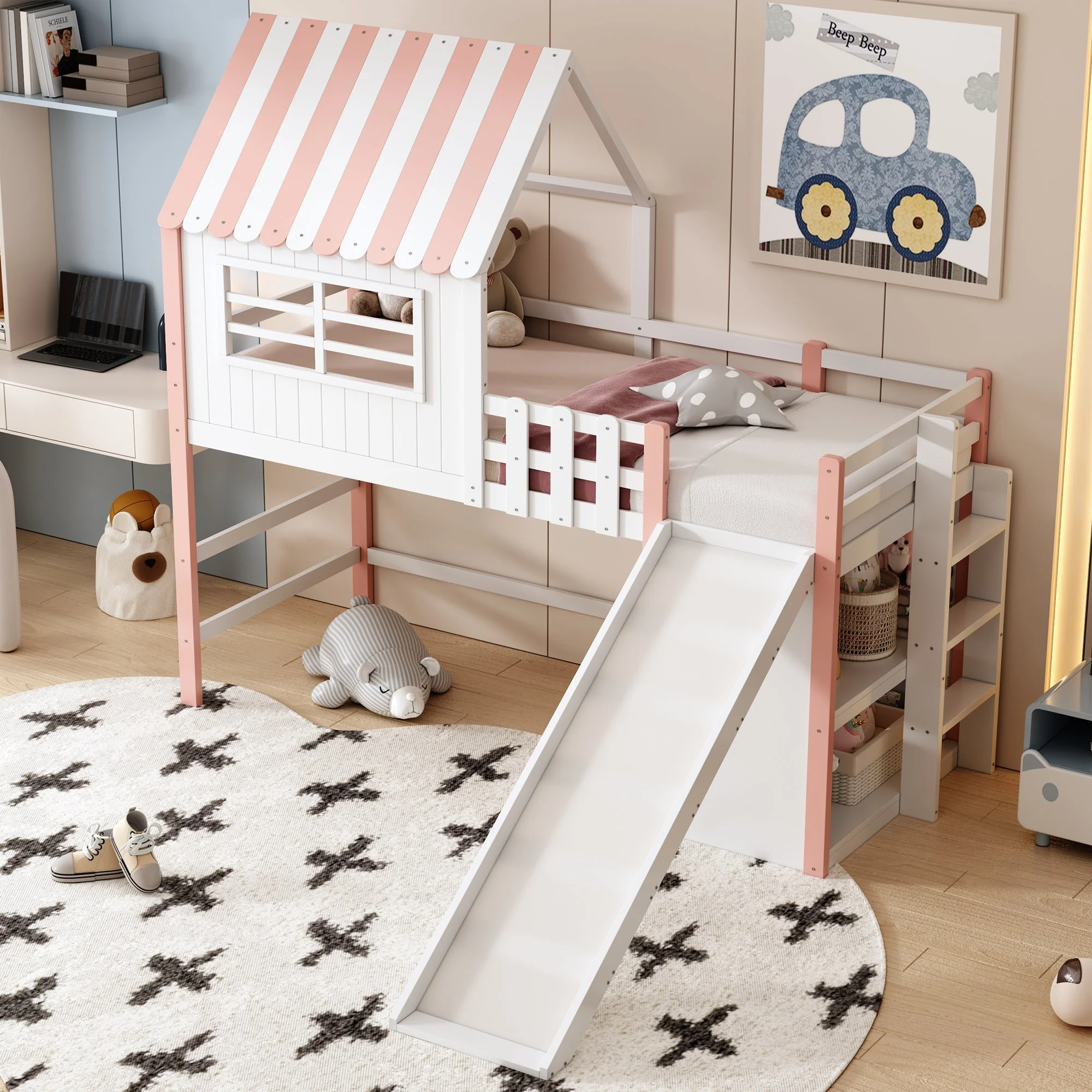 Children's Bed, Attic Design with Safety Ladder & Slide, Multi-Level Storage, Solid Wood, Pink - Image 2