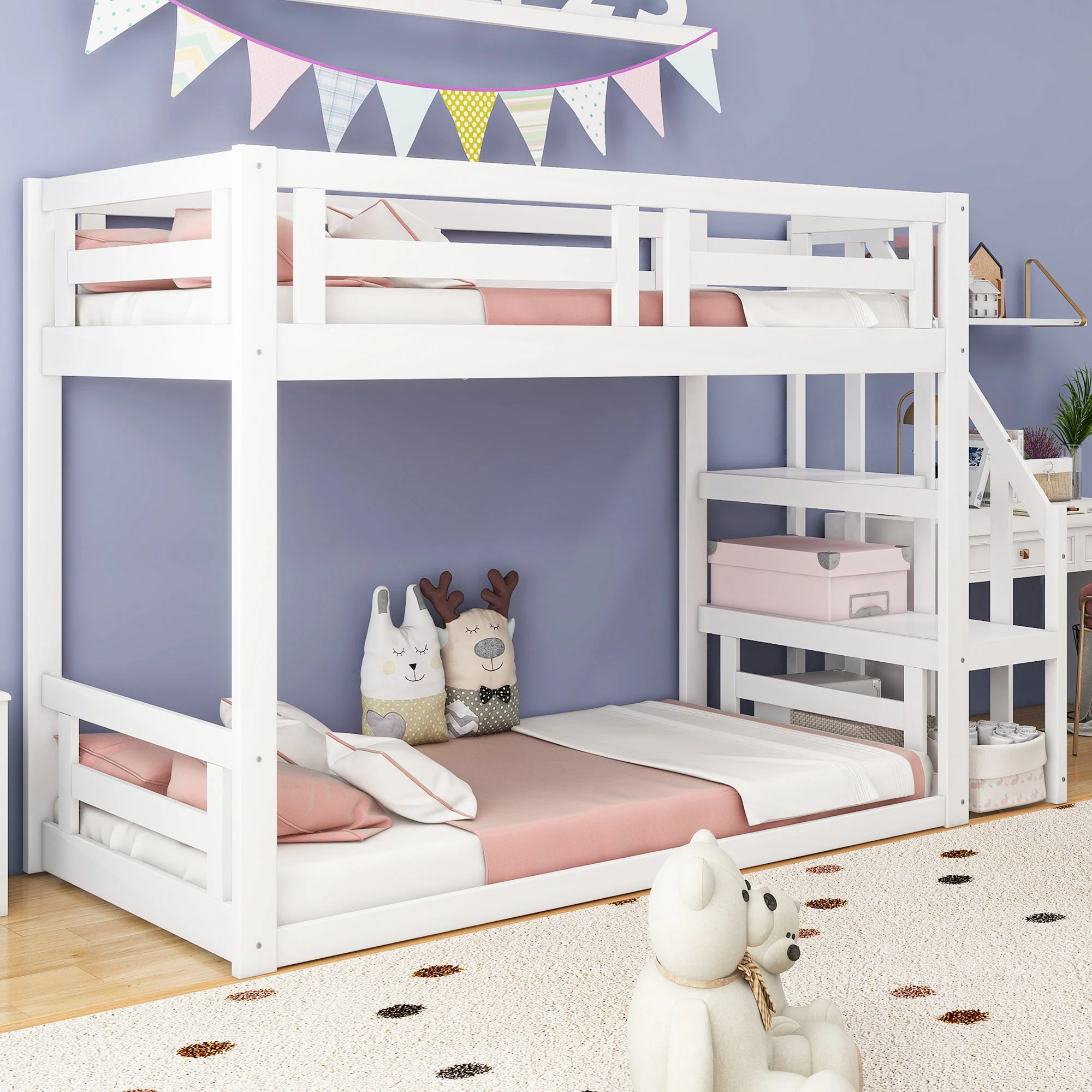 Children's Bed Bunk Low with Safety Stairs Slatted Base, Solid Wood White - Image 3