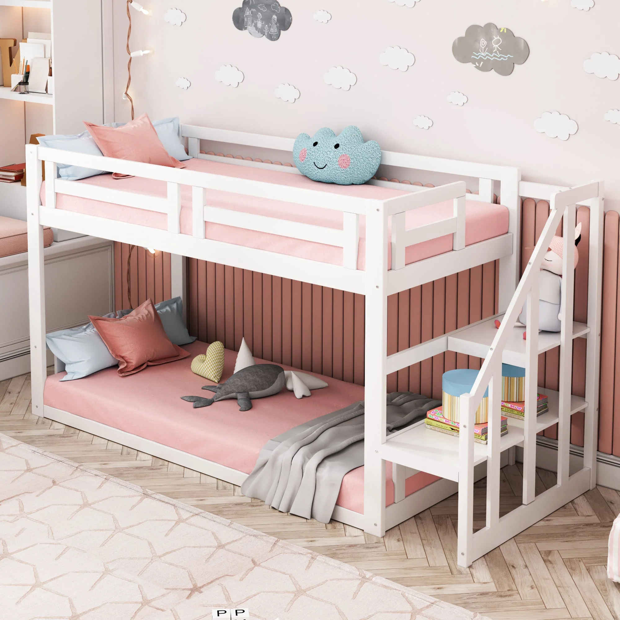 Children's Bed Bunk Low with Safety Stairs Slatted Base, Solid Wood White - Image 5
